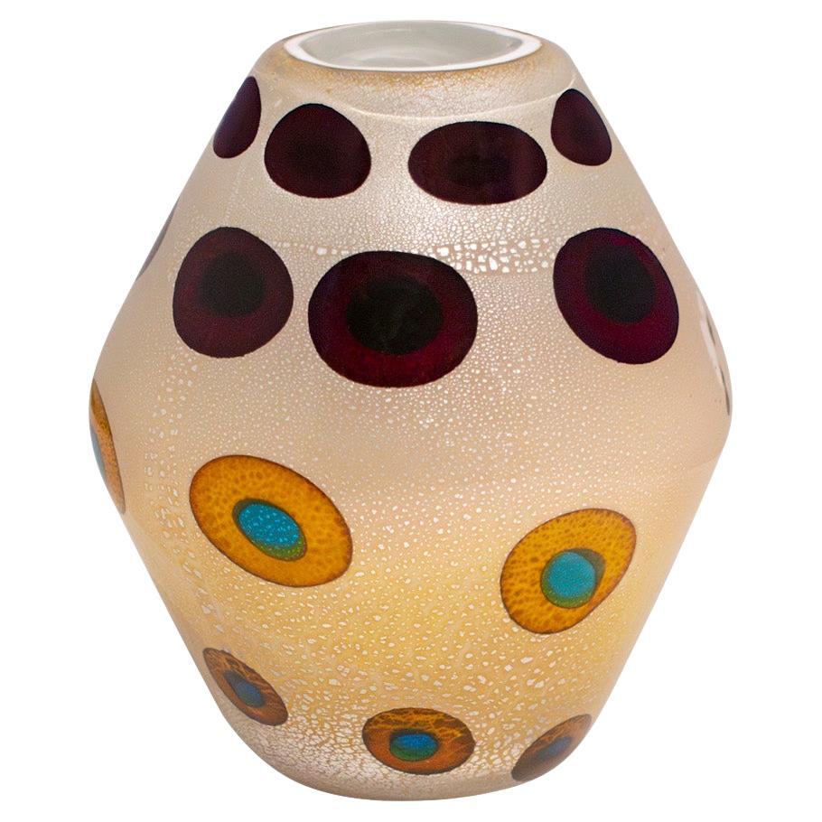 Aldo Nason Hand-Blown Vase in Amber Glass with Murrhines and Silver Foil 1950s