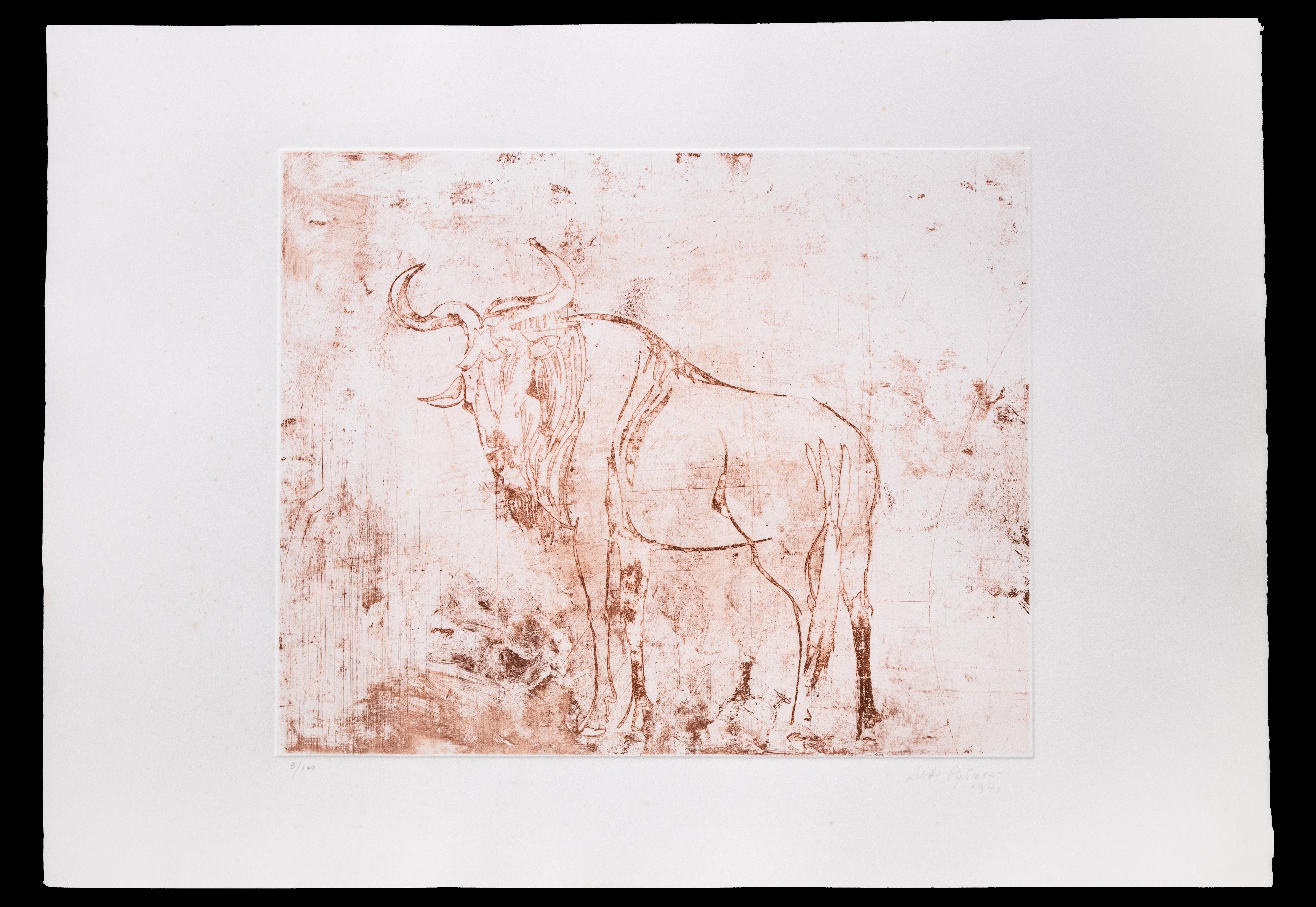 Buffalo is a wonderful brown burnt sienna ink linoleum original print on paper, realized in 1971 by the Italian master Aldo Pagliacci (1913-1991).

Hand-signed, dated and numbered in pencil on the lower margin on the sides.

 Edition of