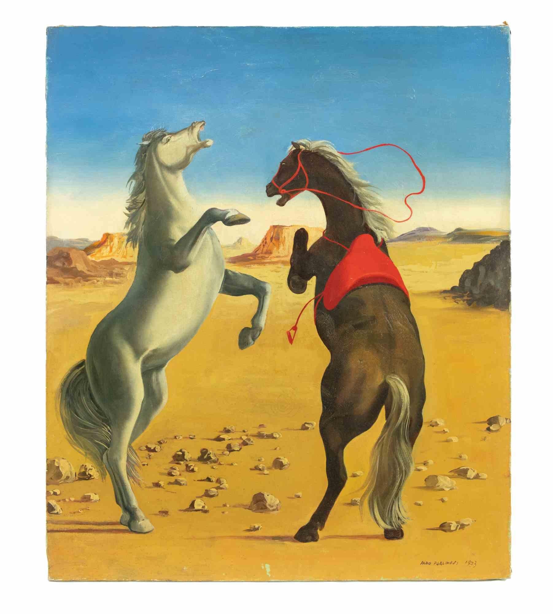 Bizarre Horses ist ein originales zeitgenössisches Kunstwerk von Aldo Pagliacci aus dem Jahr 1973.

Gemischtes farbiges Öl auf Leinwand.

Handsigniert und datiert am unteren rechten Rand.

Auf der Rückseite betitelt und signiert.