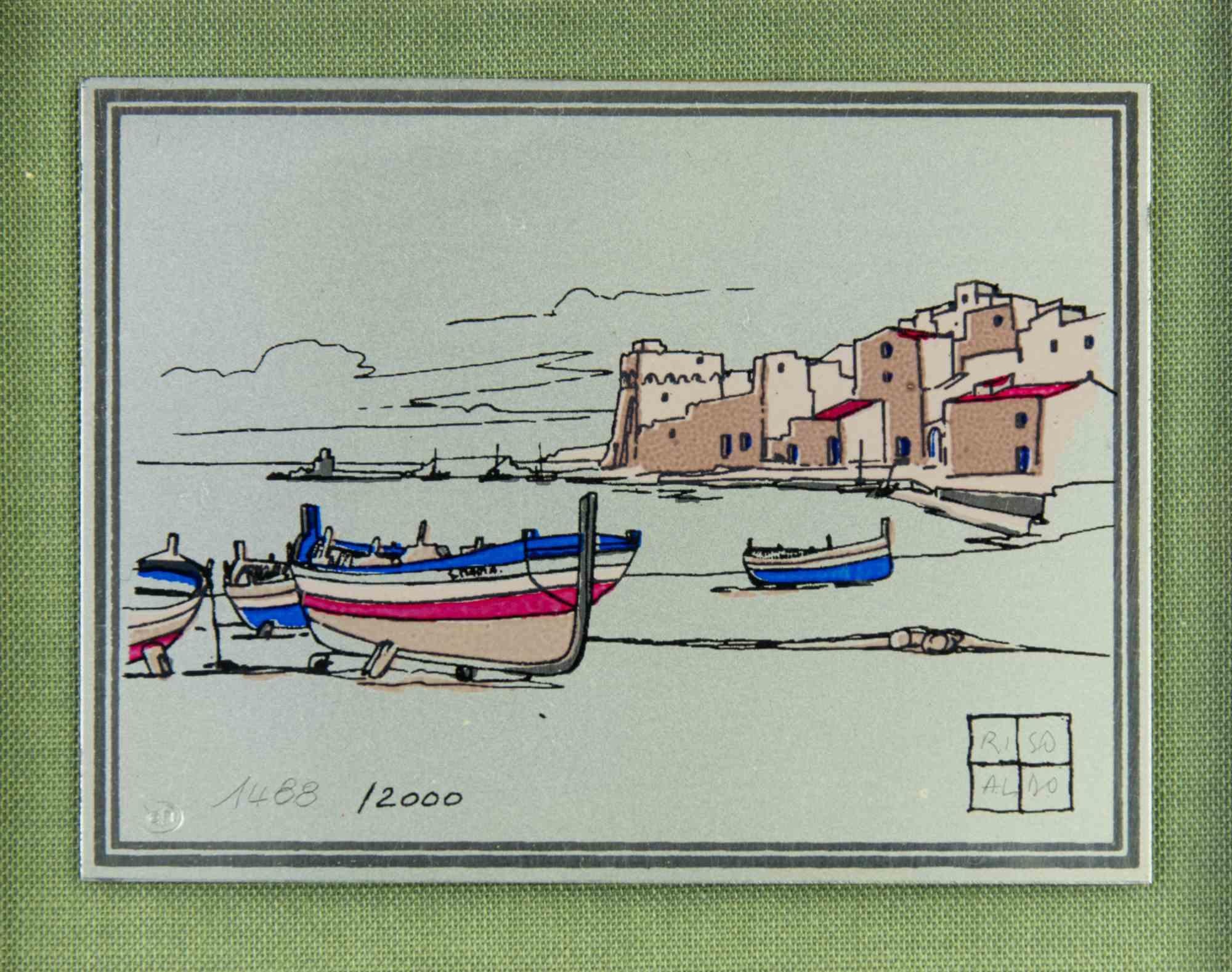 Boats on the Seaside - Sérigraphie d'Aldo Riso - 1970