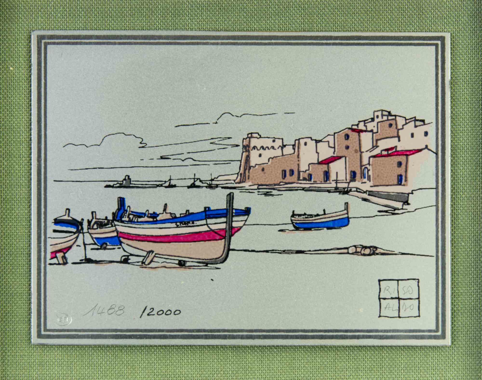 Boats on the Seaside - Screenprint by Aldo Riso - 1970