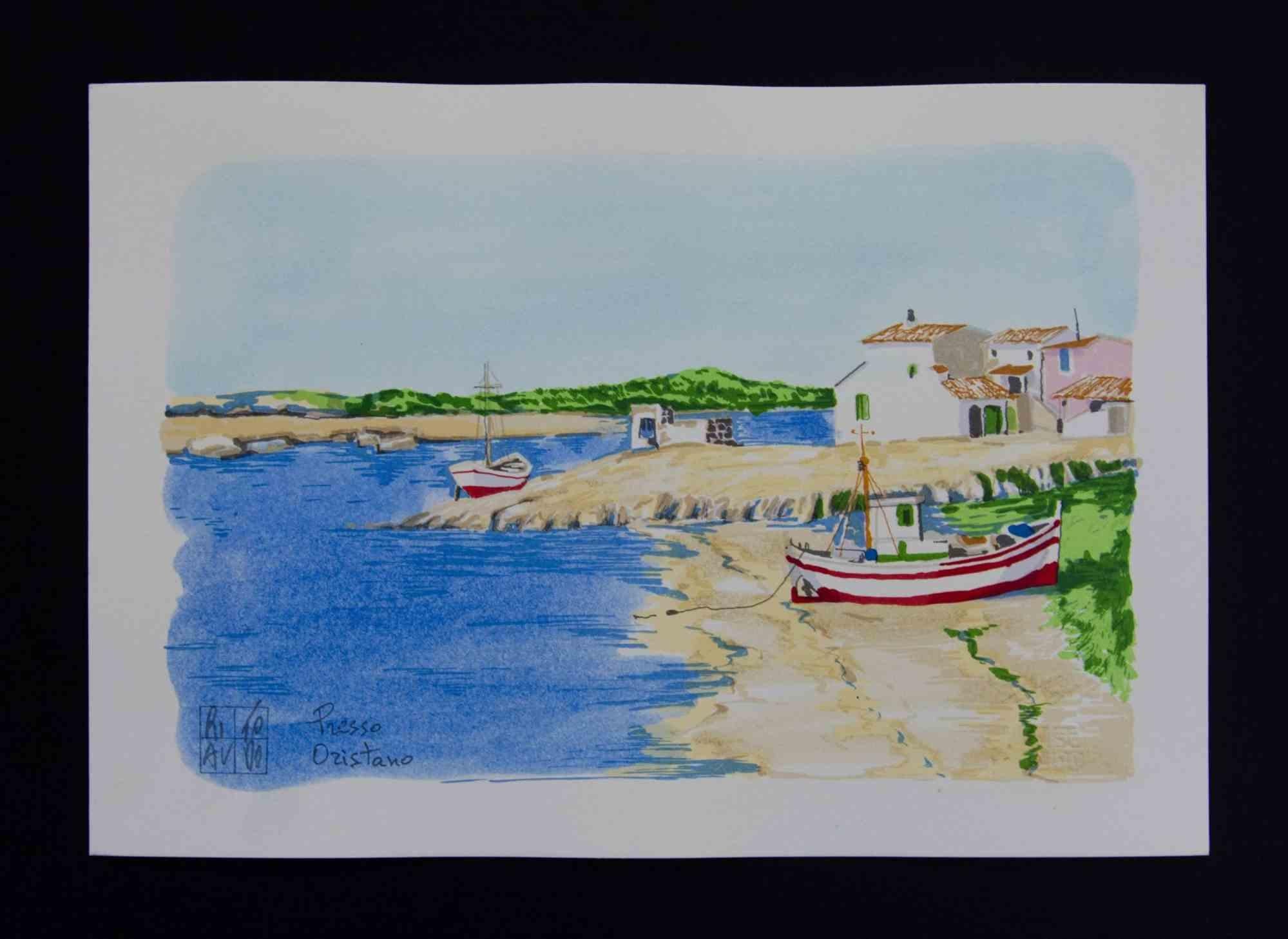 Litografia su carta Magnani-Pescia. Formato carta 17,5 cm x 24,5 cm formato lavoro 14,5 cm x 22 cm. Condizioni eccellenti, nessun difetto. 
Aldo Riso è nato nel 1927 a Santa Maria di Leuca, in provincia di Lecce. Si applicò agli studi fino a