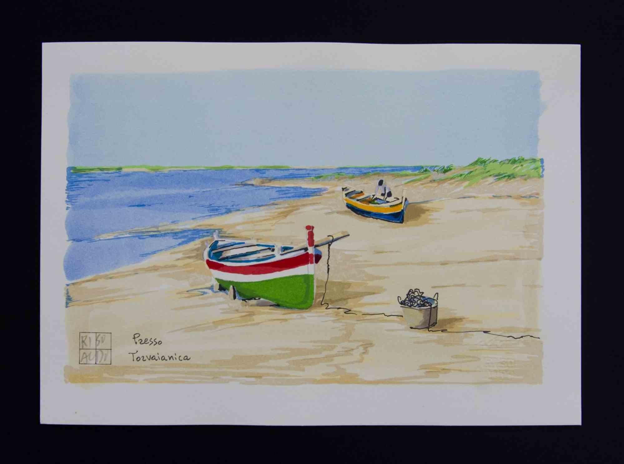 Litografía sobre papel Magnani-Pescia. Tamaño del papel cm.17,5x cm.24,5 tamaño del trabajo cm. 14,5 x cm. 22 Excelente estado, sin defectos.
Aldo Riso nació en 1927 en Santa Maria di Leuca, en la provincia de Lecce. Se aplicó a sus estudios hasta
