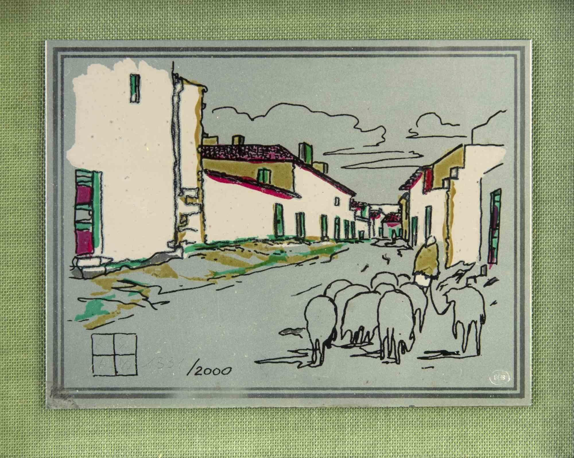 Urbane Landschaft mit Schafen – Siebdruck von Aldo Riso – 1970