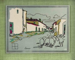 Vintage Urban Landscape with Sheeps - Screenprint by Aldo Riso - 1970