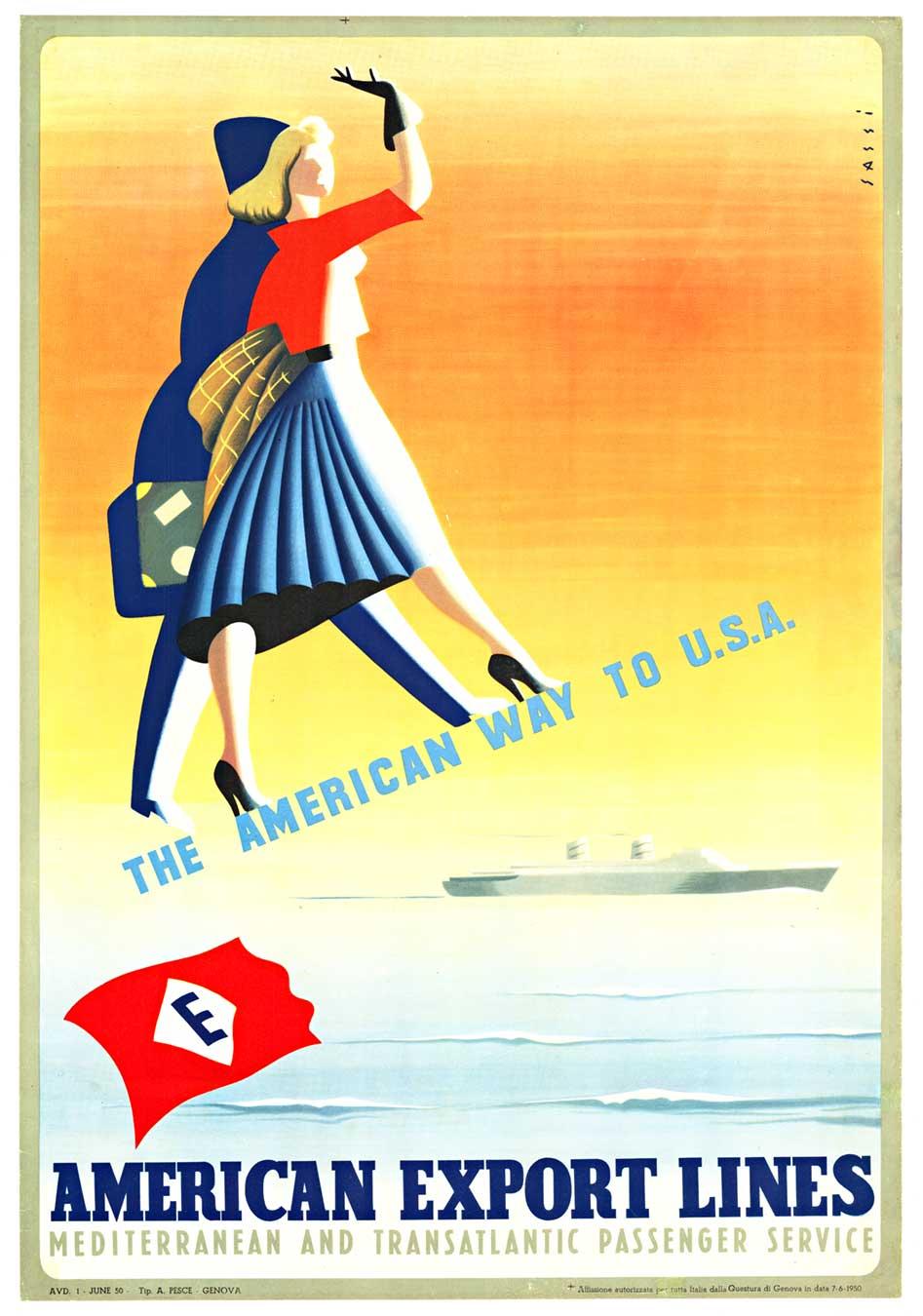 Affiche originale des « American Export Lines » de croisières vintage du milieu du siècle dernier