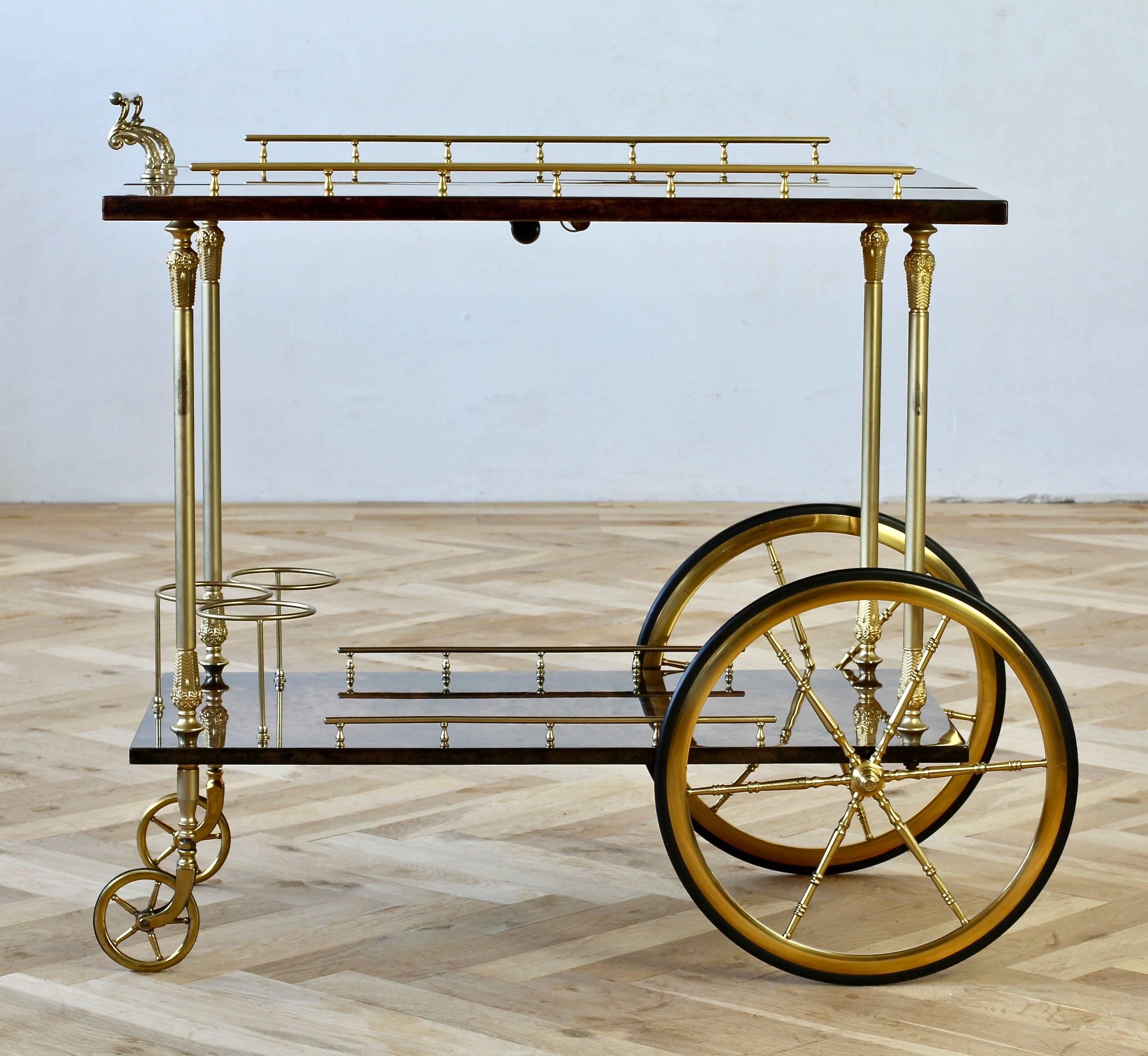 Aldo Tura 1950s Bar Cart, Tea Trolley or Drinks Stand in Brown Italian Leather (Italienisch)