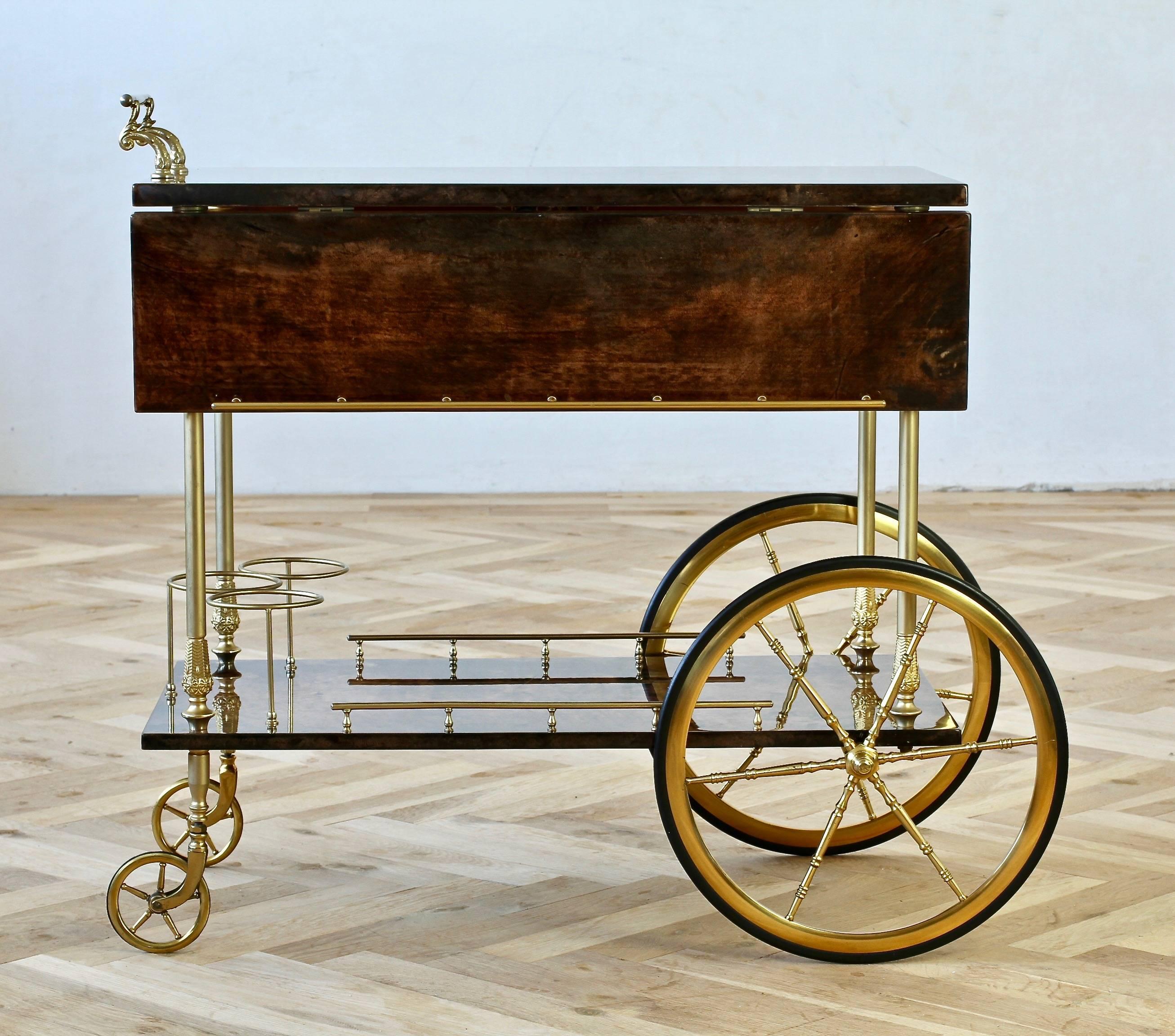 Aldo Tura 1950s Bar Cart, Tea Trolley or Drinks Stand in Brown Italian Leather (Vergoldet)
