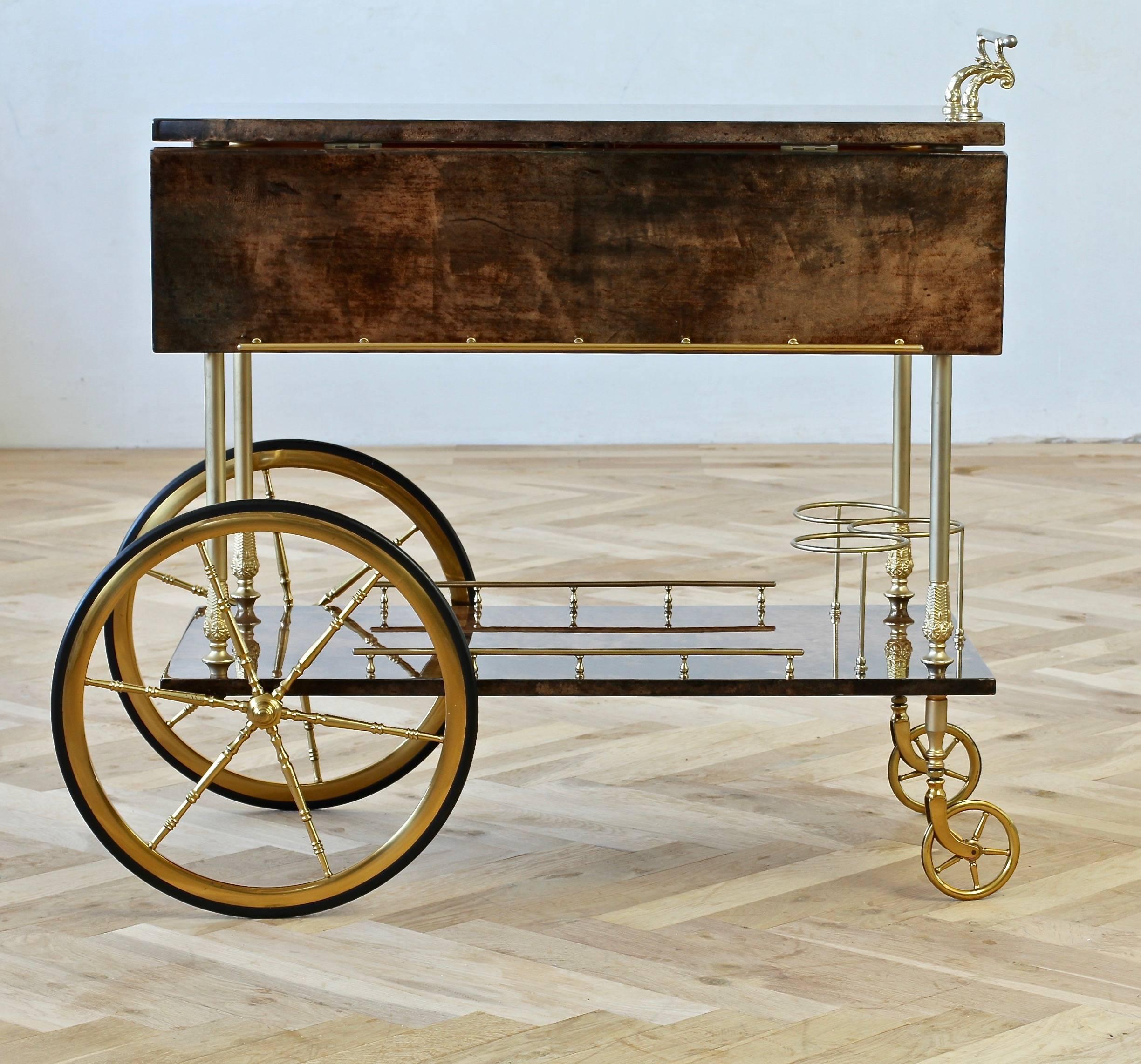 Metal Aldo Tura 1950s Bar Cart, Tea Trolley or Drinks Stand in Brown Italian Leather