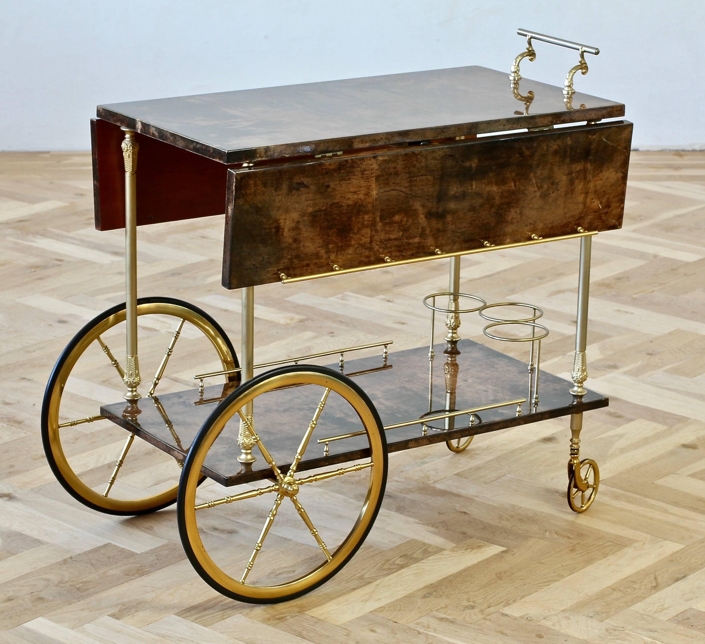Aldo Tura 1950s Bar Cart, Tea Trolley or Drinks Stand in Brown Italian Leather 1