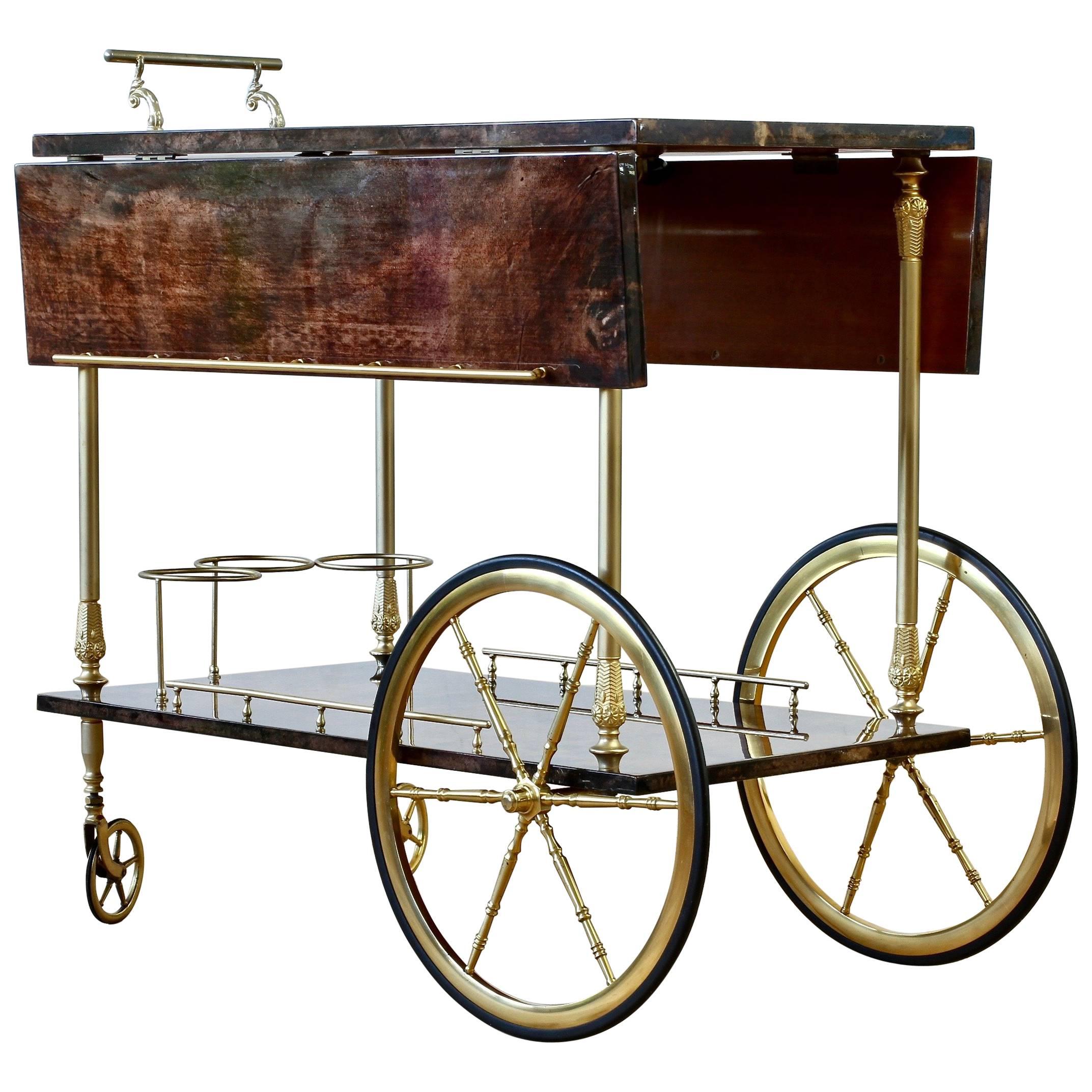 Aldo Tura 1950s Bar Cart, Tea Trolley or Drinks Stand in Brown Italian Leather