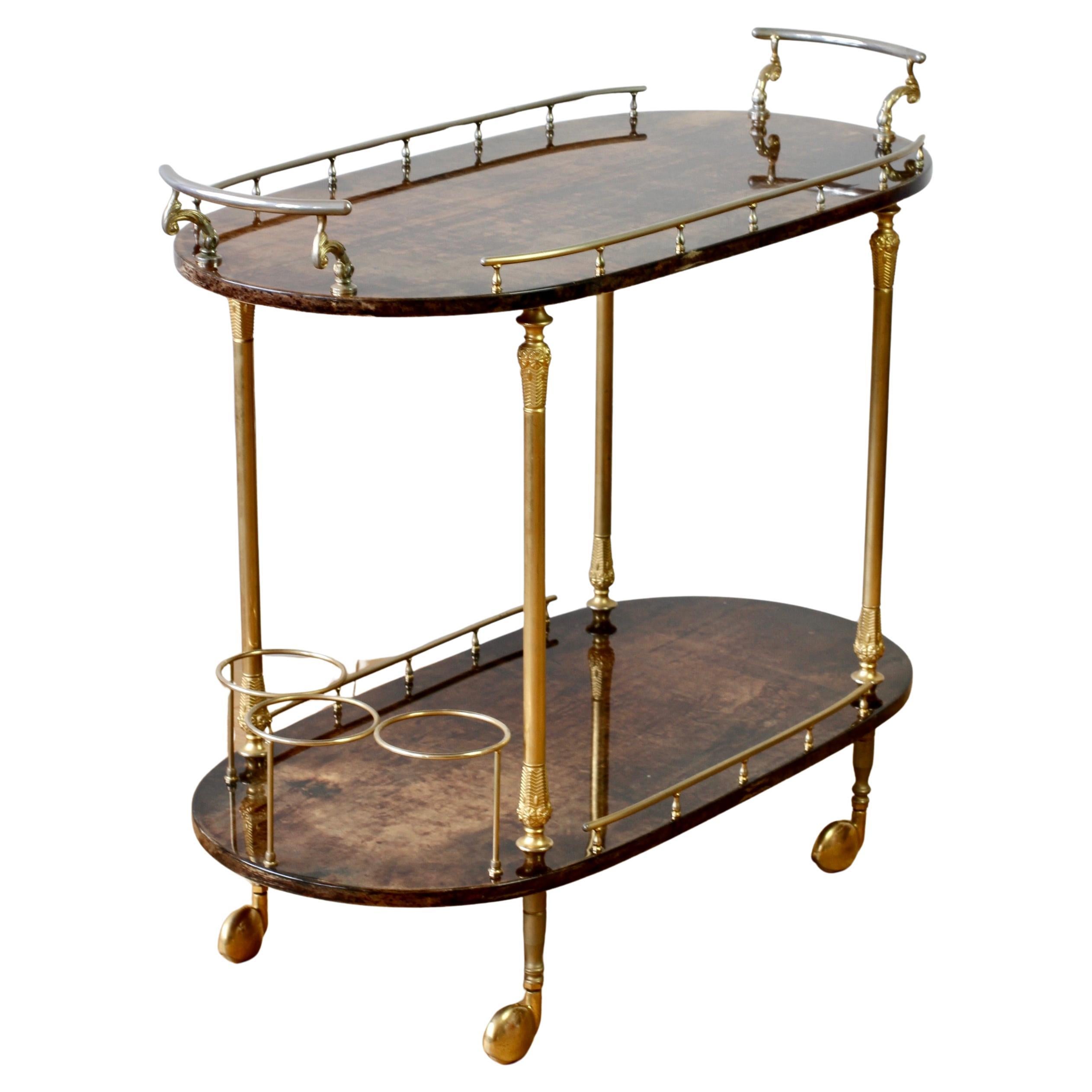 Aldo Tura 1950s Mid-Century Bar Cart, Trolley or Stand in Brown Italian Goatskin