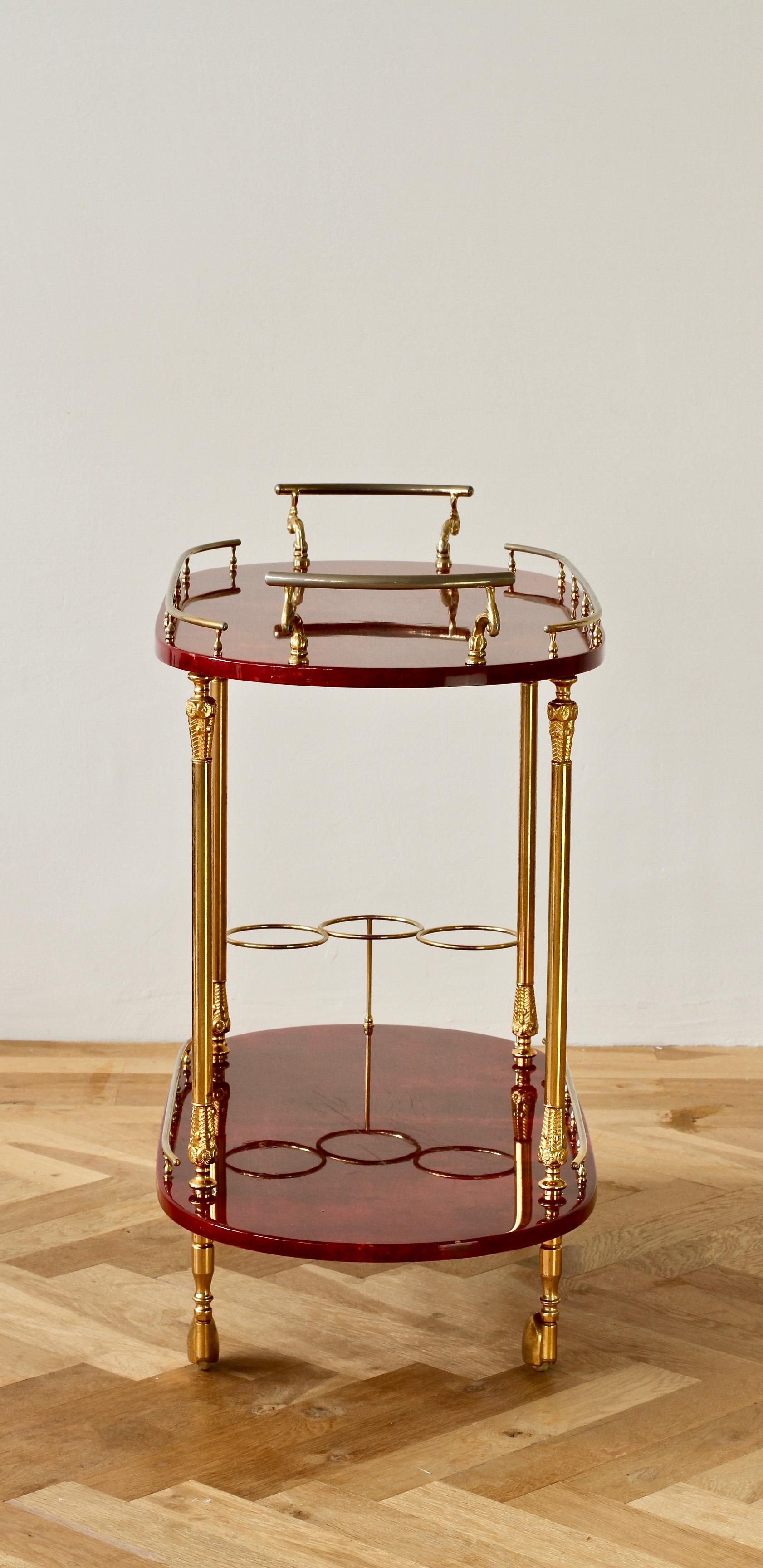 Dyed Aldo Tura 1950s Midcentury Bar Cart, Trolley or Stand in Red Italian Goatskin