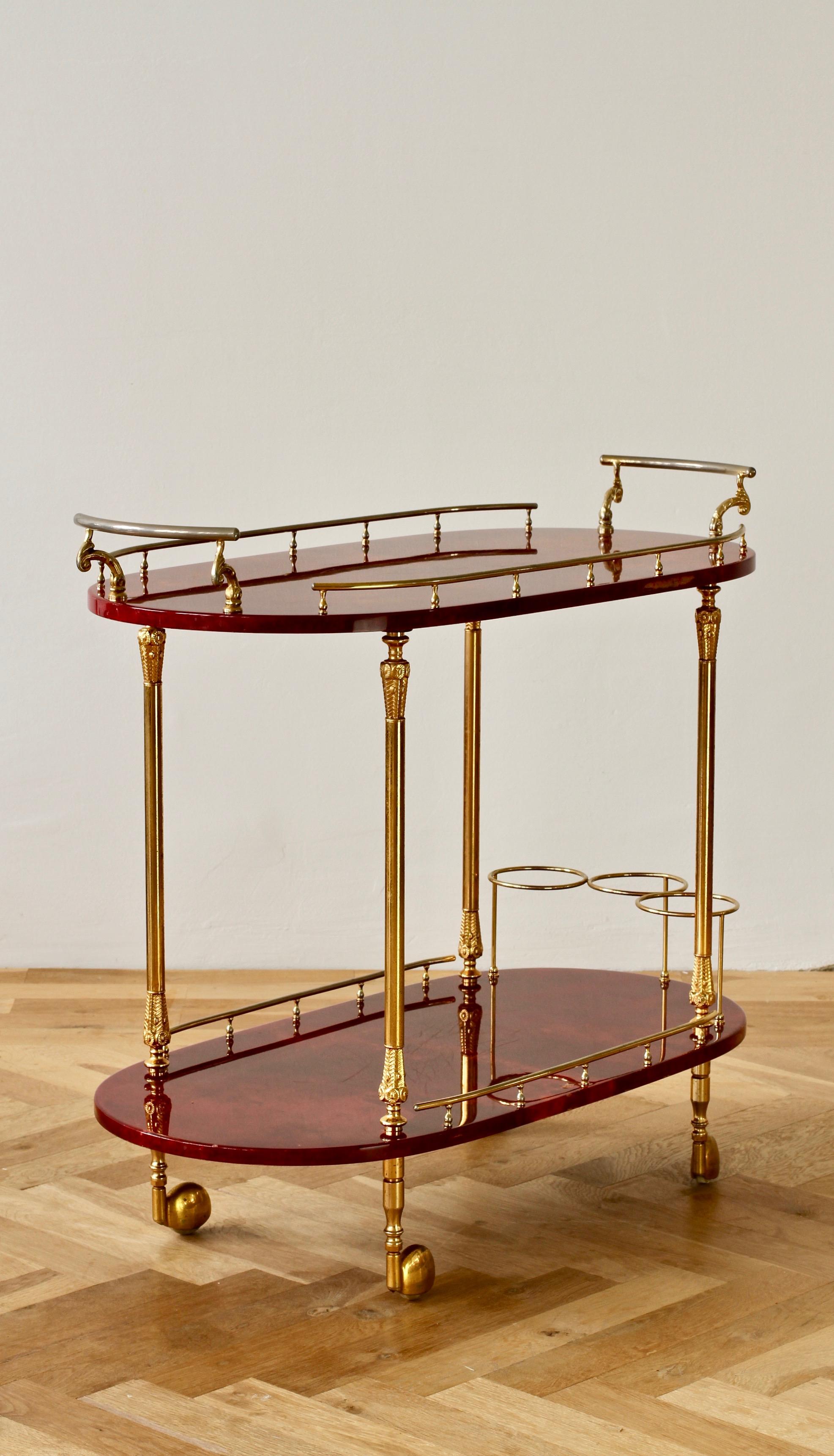 Aldo Tura 1950s Midcentury Bar Cart, Trolley or Stand in Red Italian Goatskin In Distressed Condition In Landau an der Isar, Bayern