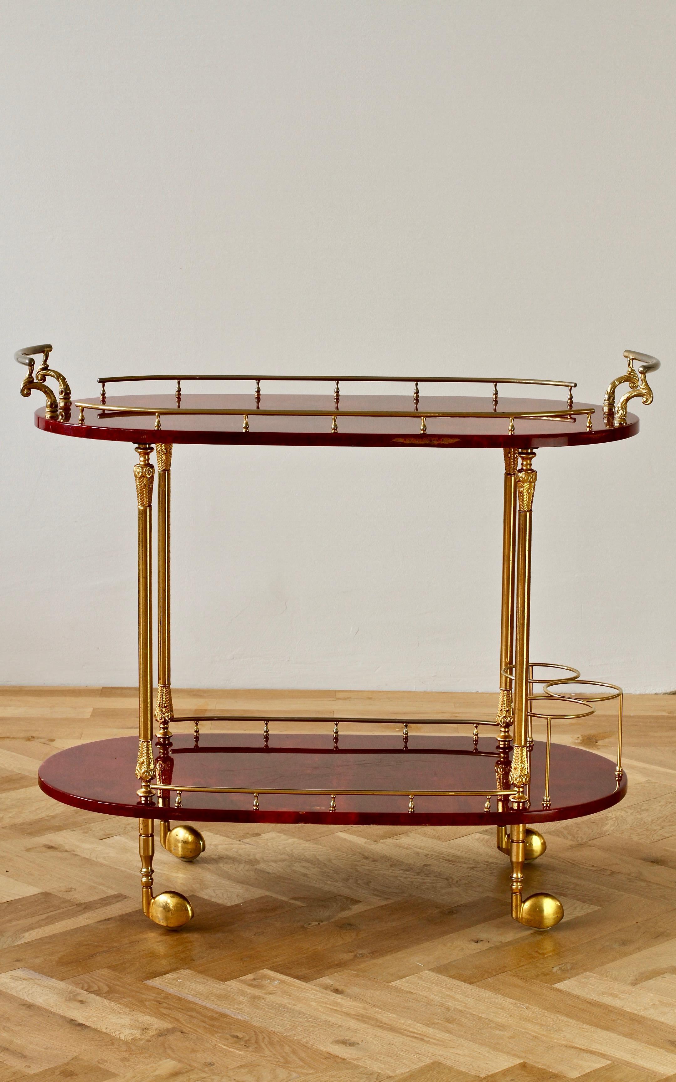 Mid-20th Century Aldo Tura 1950s Midcentury Bar Cart, Trolley or Stand in Red Italian Goatskin