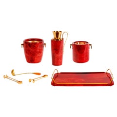 Vintage Aldo Tura 1950s Red Lacquered Goatskin Barware Set