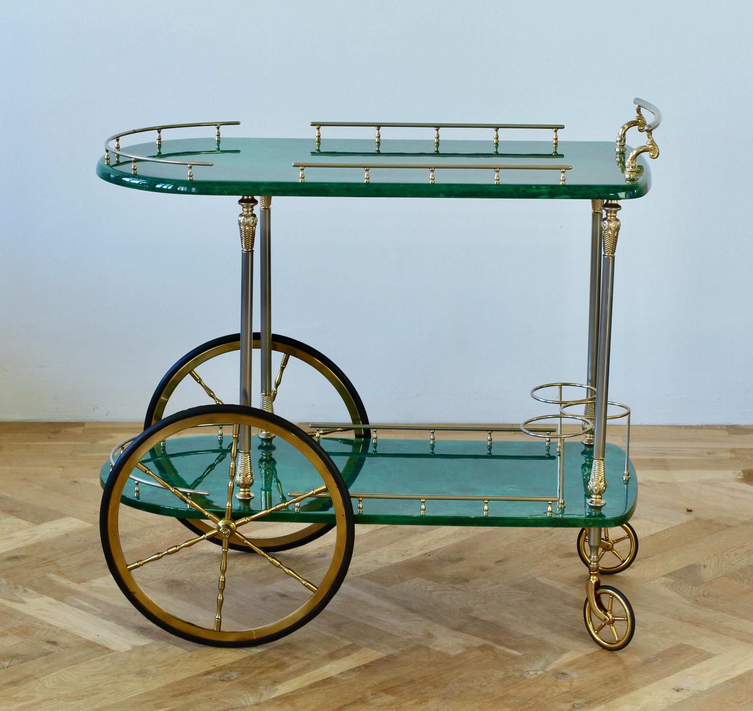 Aldo Tura 1950s Vintage Bar Cart, Trolley or Stand in Green Italian Goatskin 1