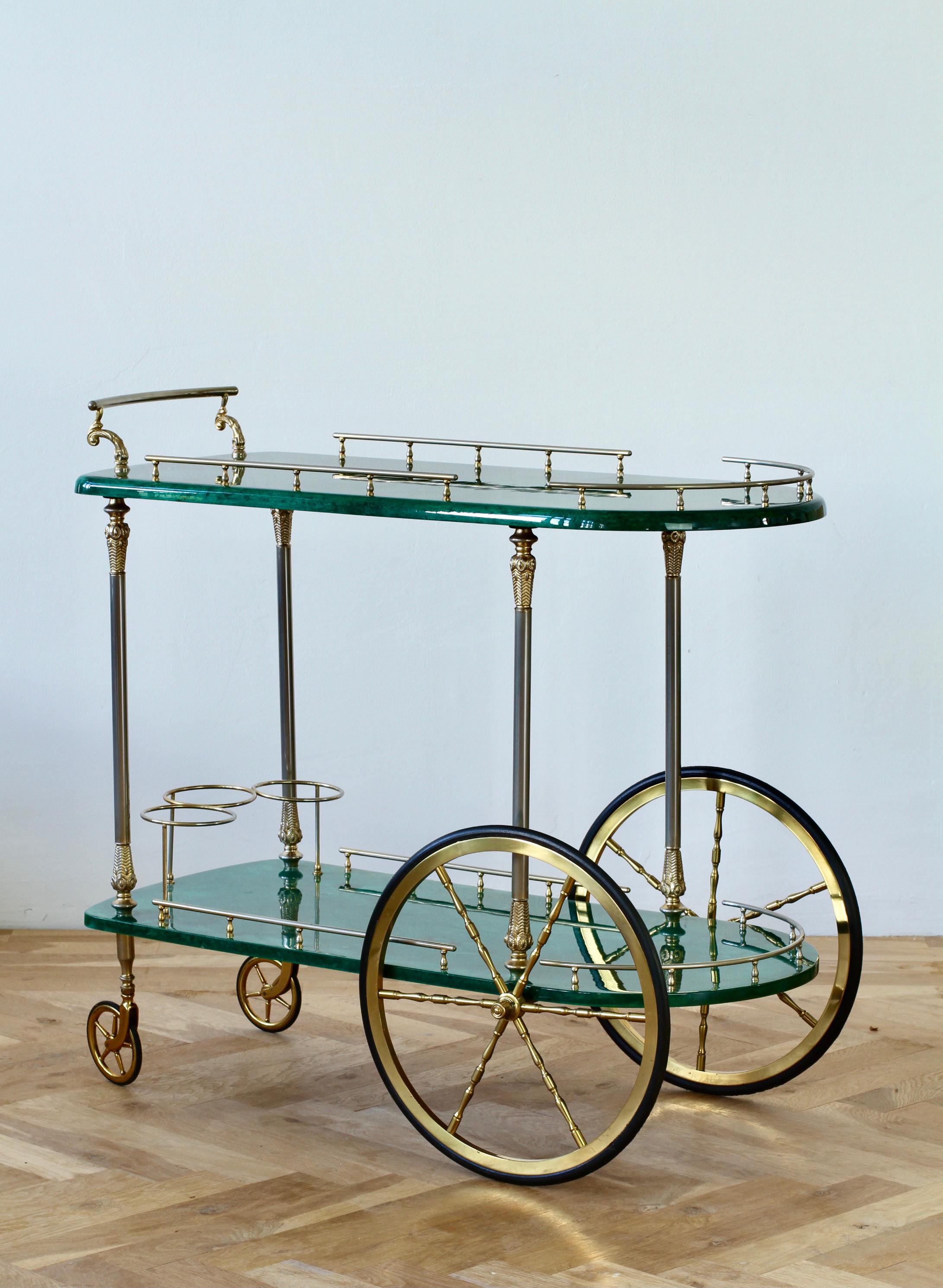 Aldo Tura 1950s Vintage Bar Cart, Trolley or Stand in Green Italian Goatskin 2