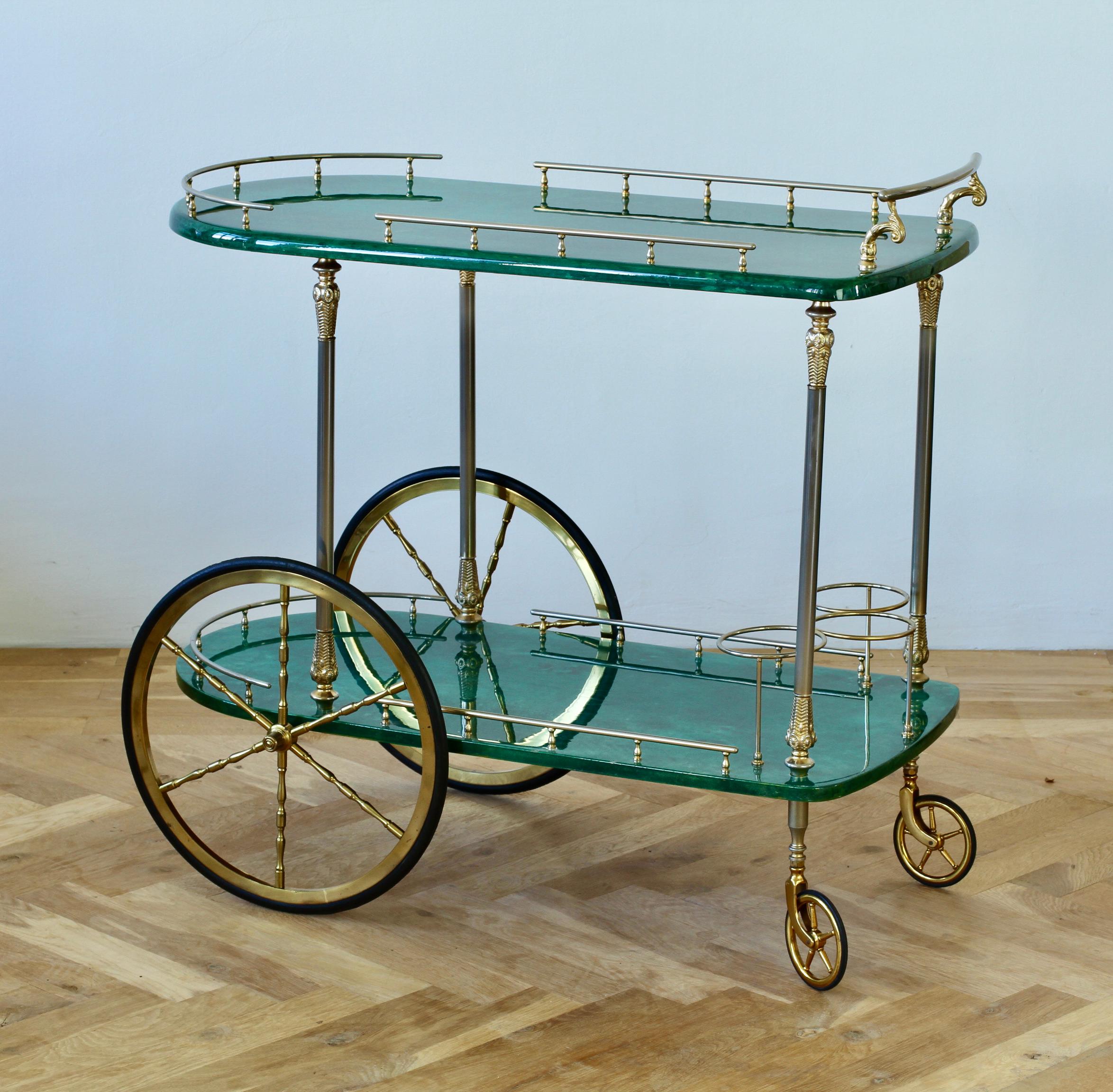 Metal Aldo Tura 1950s Vintage Bar Cart, Trolley or Stand in Green Italian Goatskin