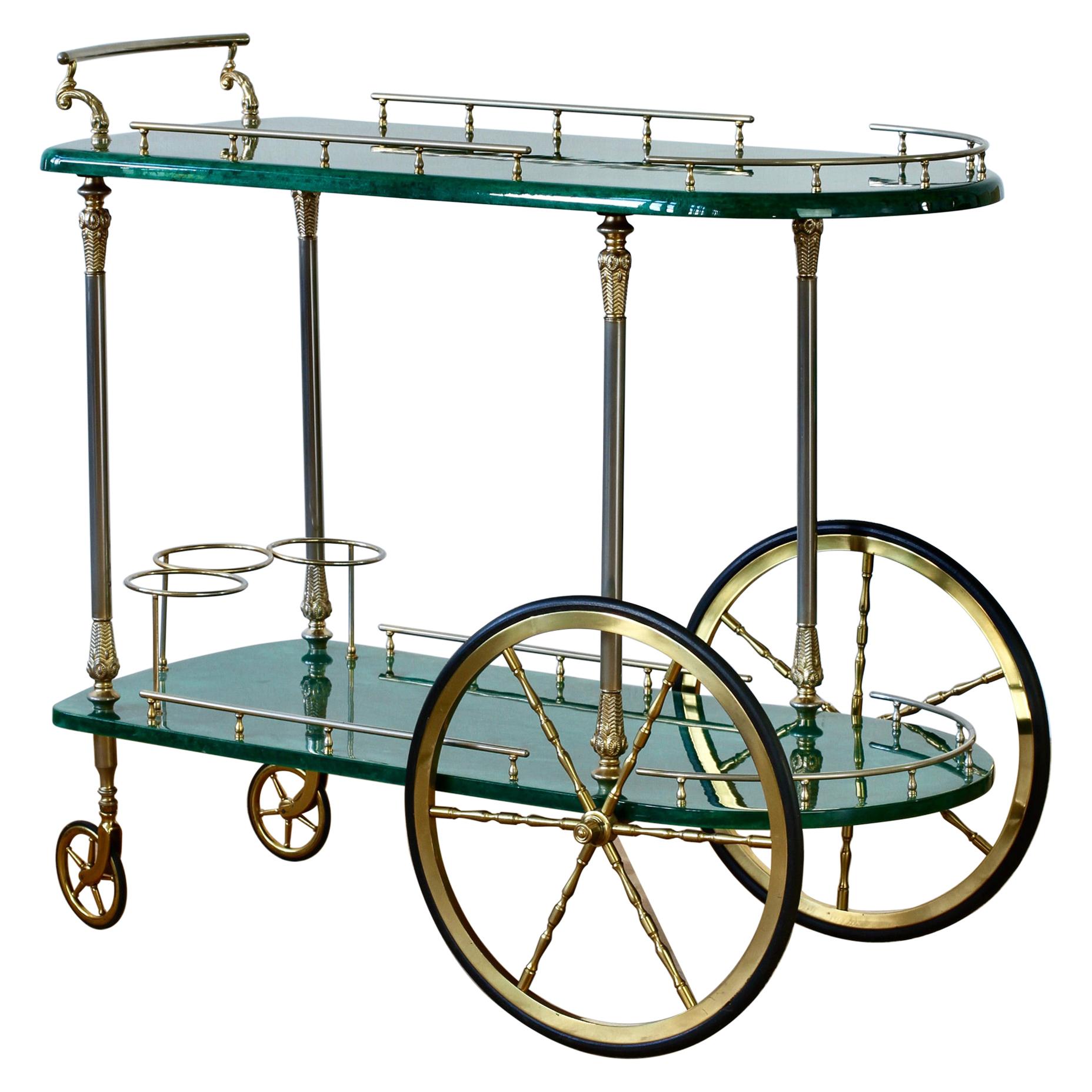 Aldo Tura 1950s Vintage Bar Cart, Trolley or Stand in Green Italian Goatskin