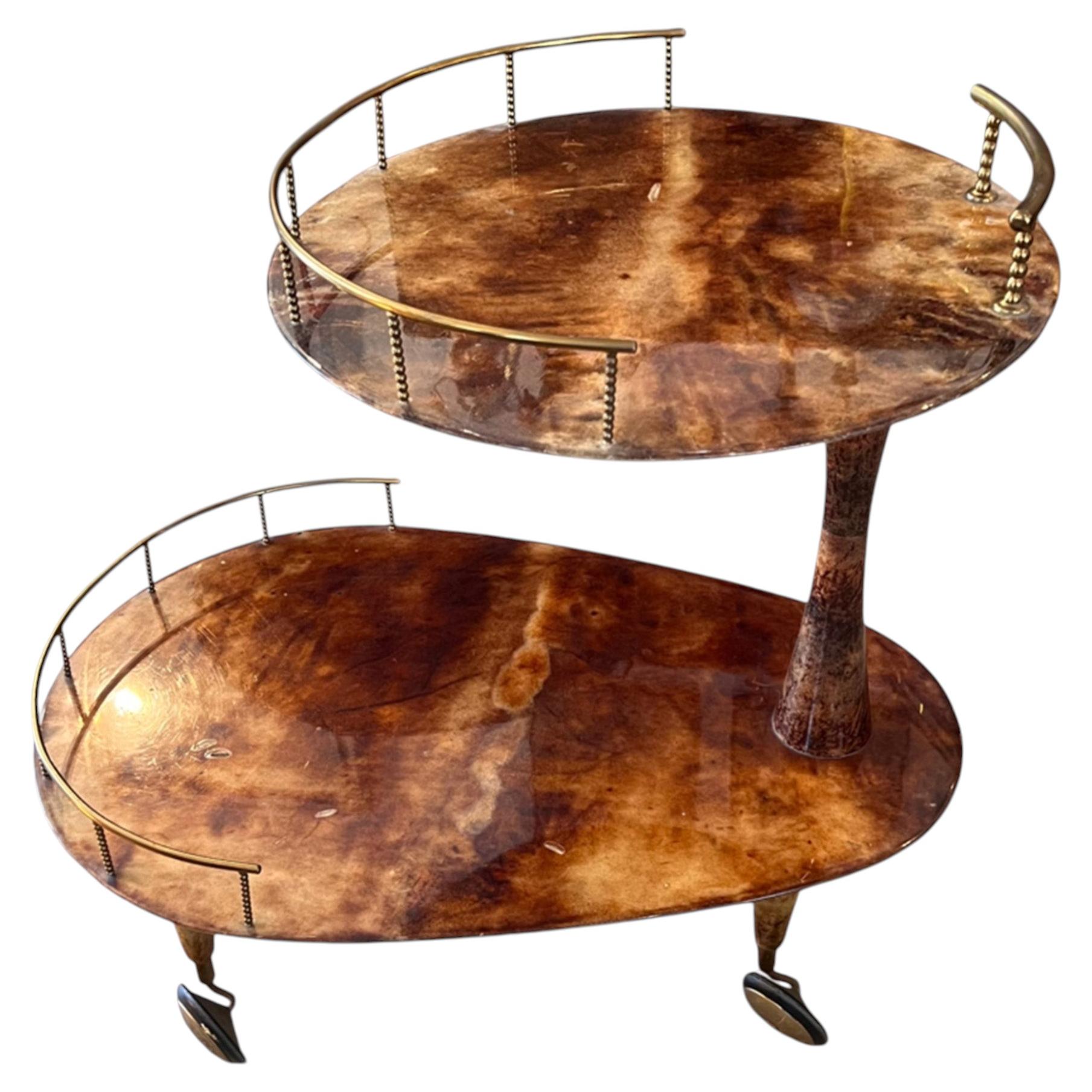 Aldo Tura 1960s Bar Cart, Two Tier, Lacquered Goatskin and Brass