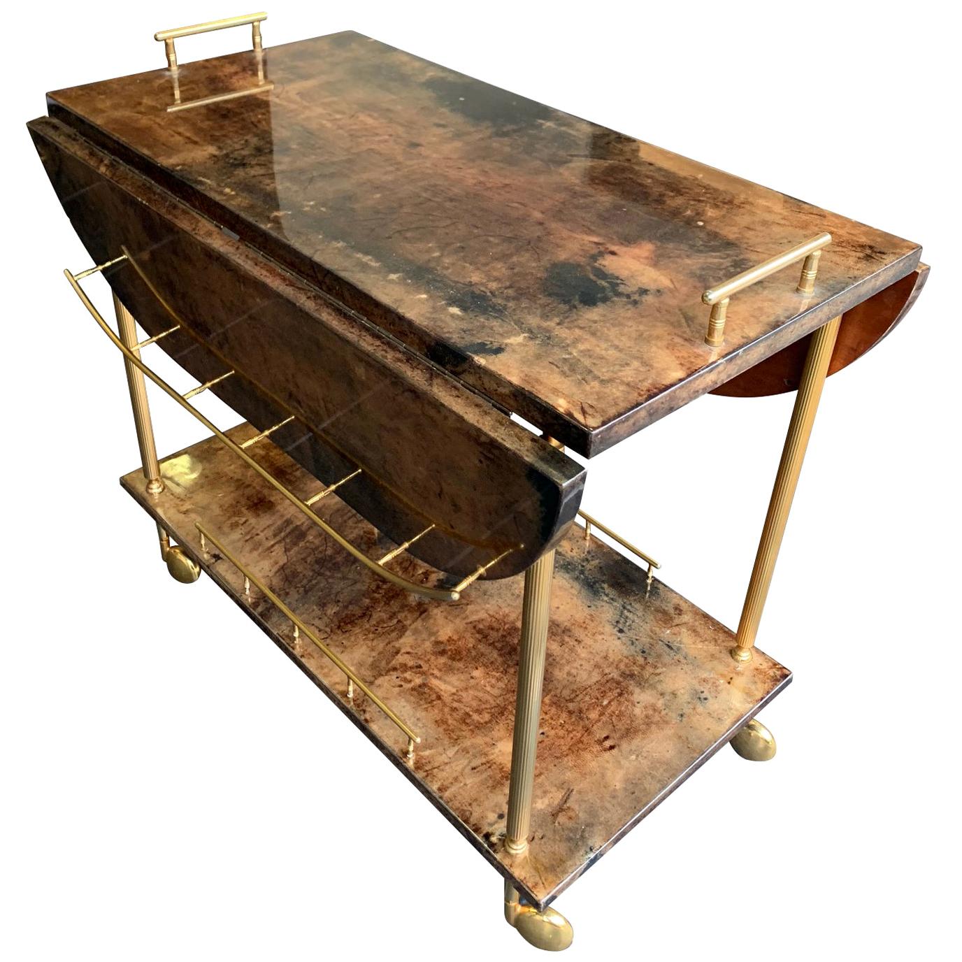 Aldo Tura 1960s Lacquered Goatskin Bar Cart with Extendable Top