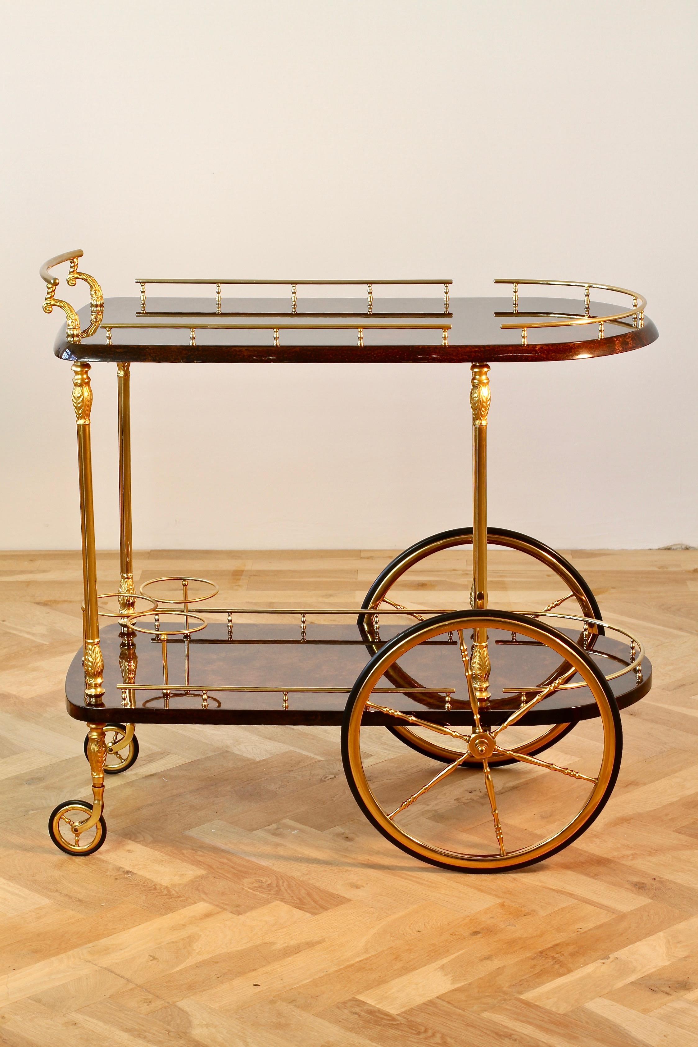 Large midcentury Italian 1960s bar cart, tea trolley or drinks stand Atelier Aldo Tura, Milan. Although unmarked, looking at the construction of this piece this would have been made after Aldo Tura's death by the Atelier Aldo Tura as it has all the