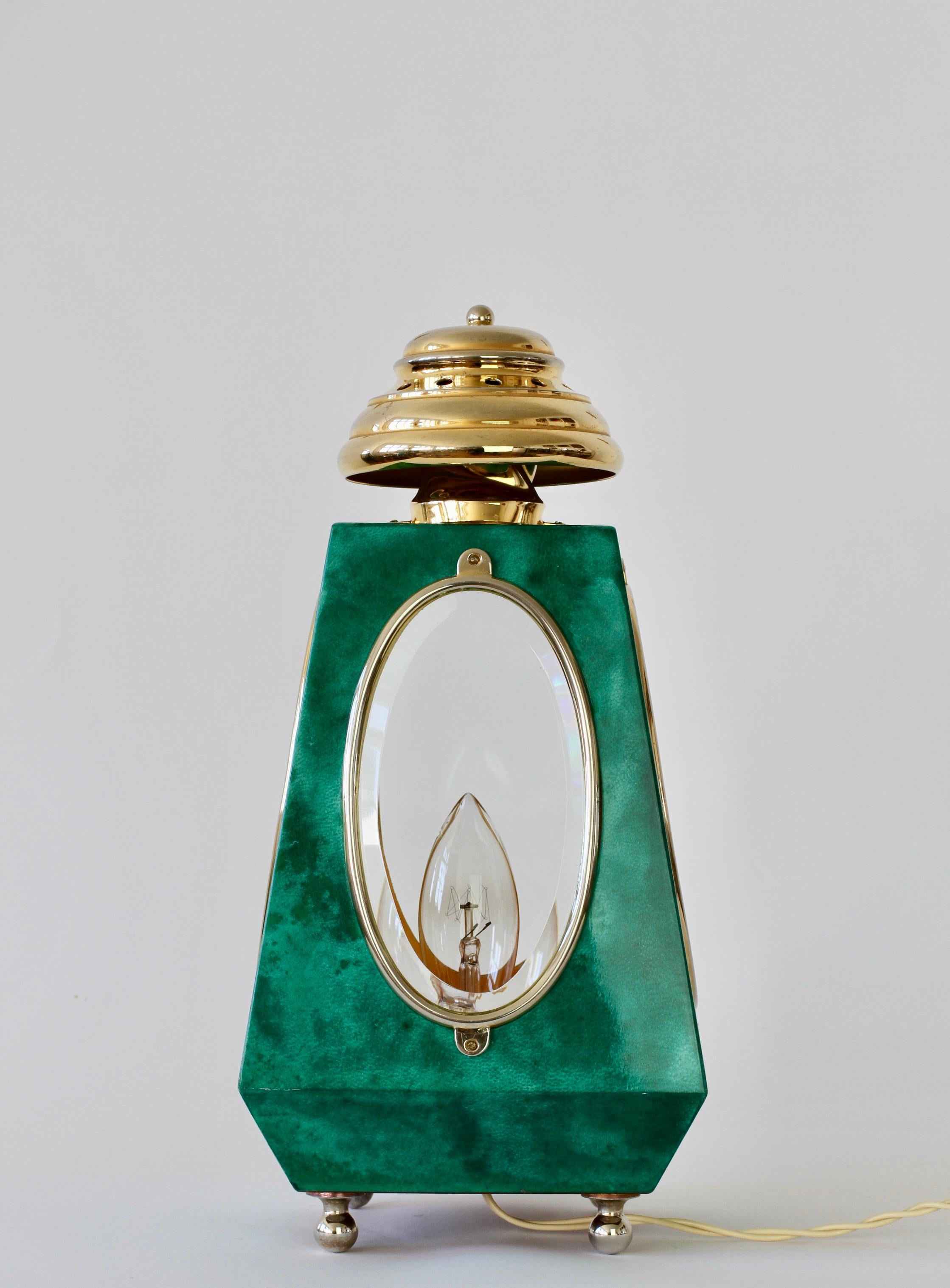 Aldo Tura 1960s Midcentury Table Lamp / Lantern in Green Italian Goatskin 3