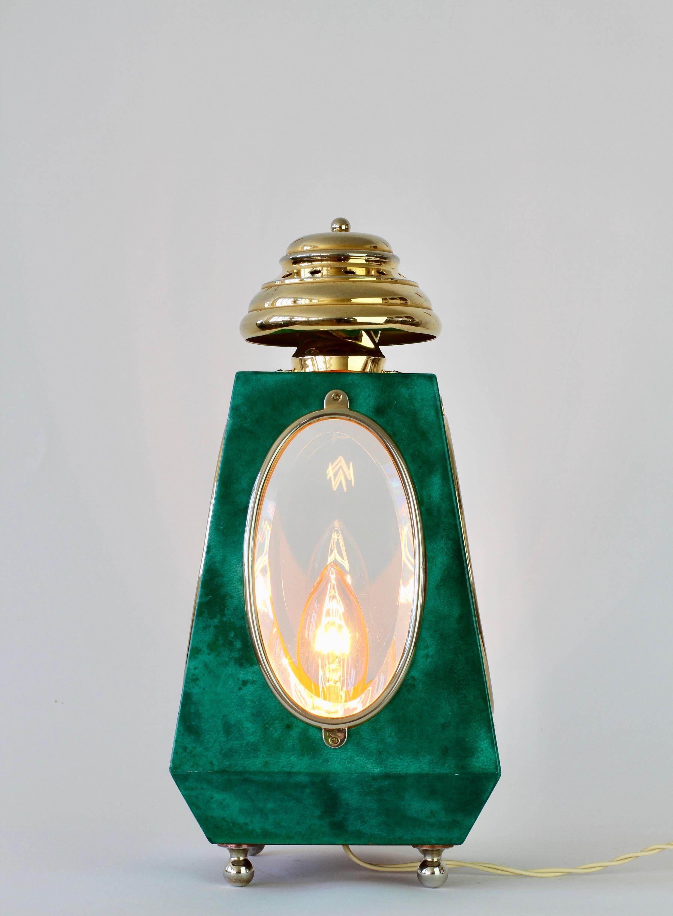 Aldo Tura 1960s Midcentury Table Lamp / Lantern in Green Italian Goatskin 4