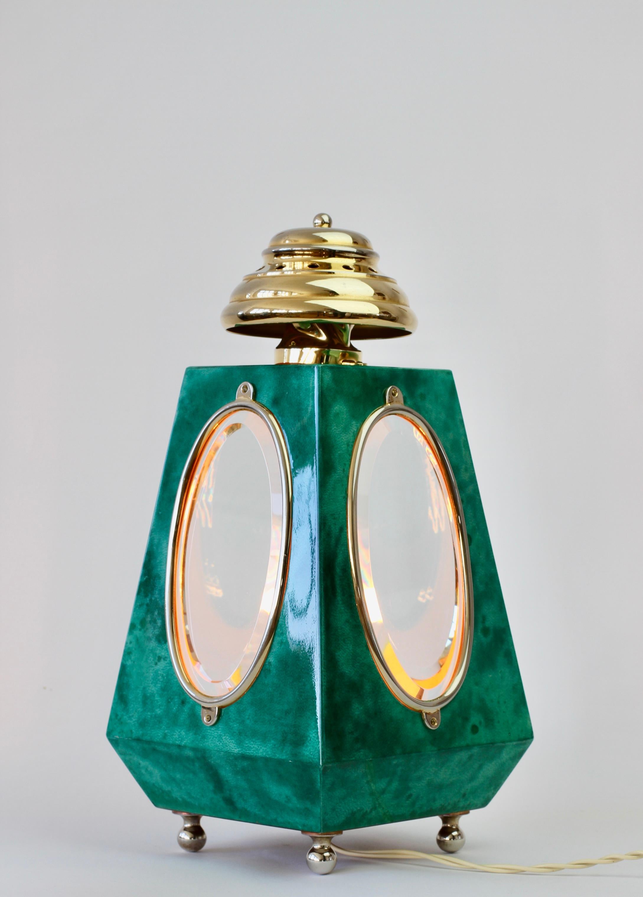Aldo Tura 1960s Midcentury Table Lamp / Lantern in Green Italian Goatskin 5