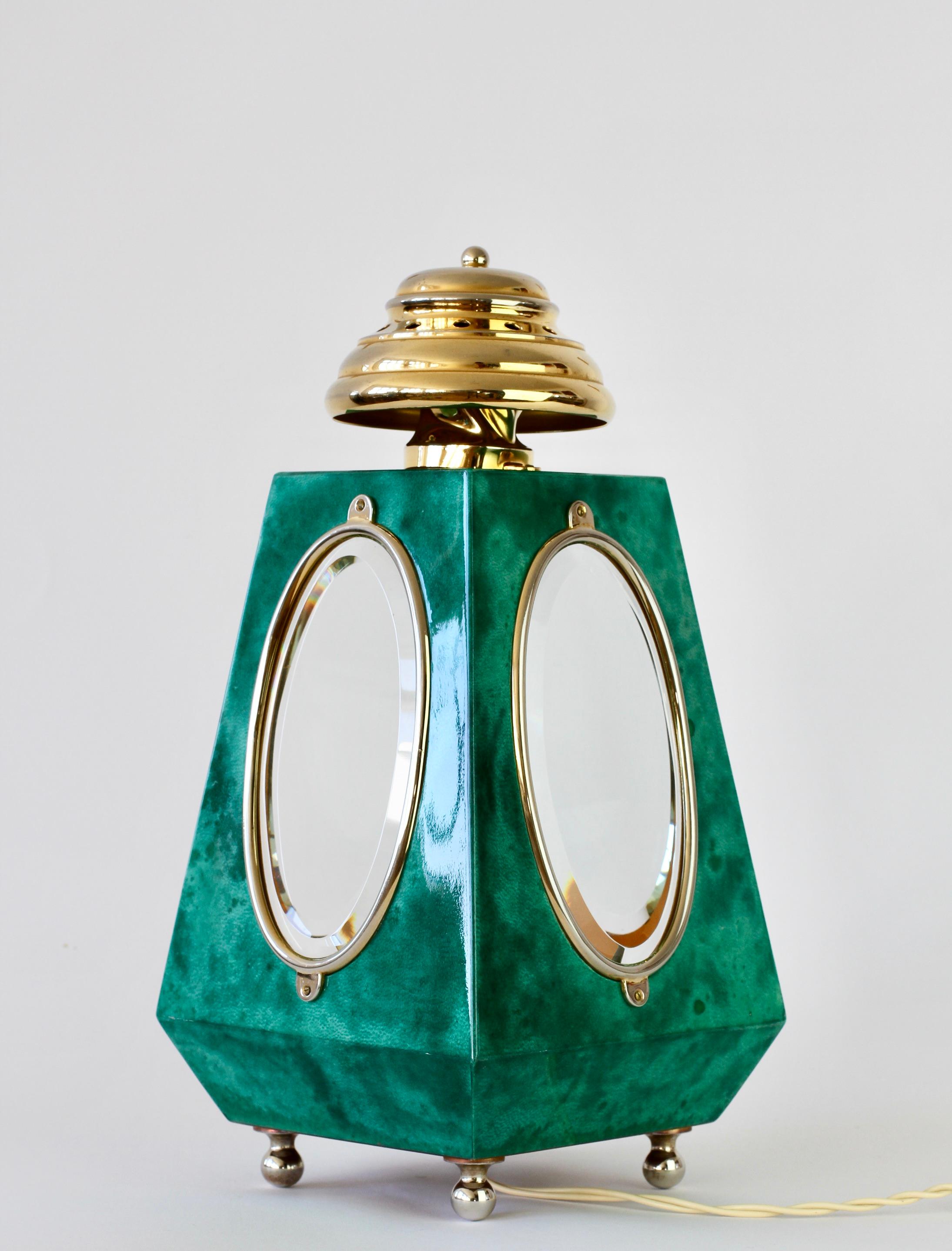 Aldo Tura 1960s Midcentury Table Lamp / Lantern in Green Italian Goatskin 7