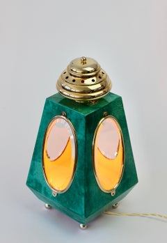 Aldo Tura 1960s Midcentury Table Lamp / Lantern in Green Italian Goatskin