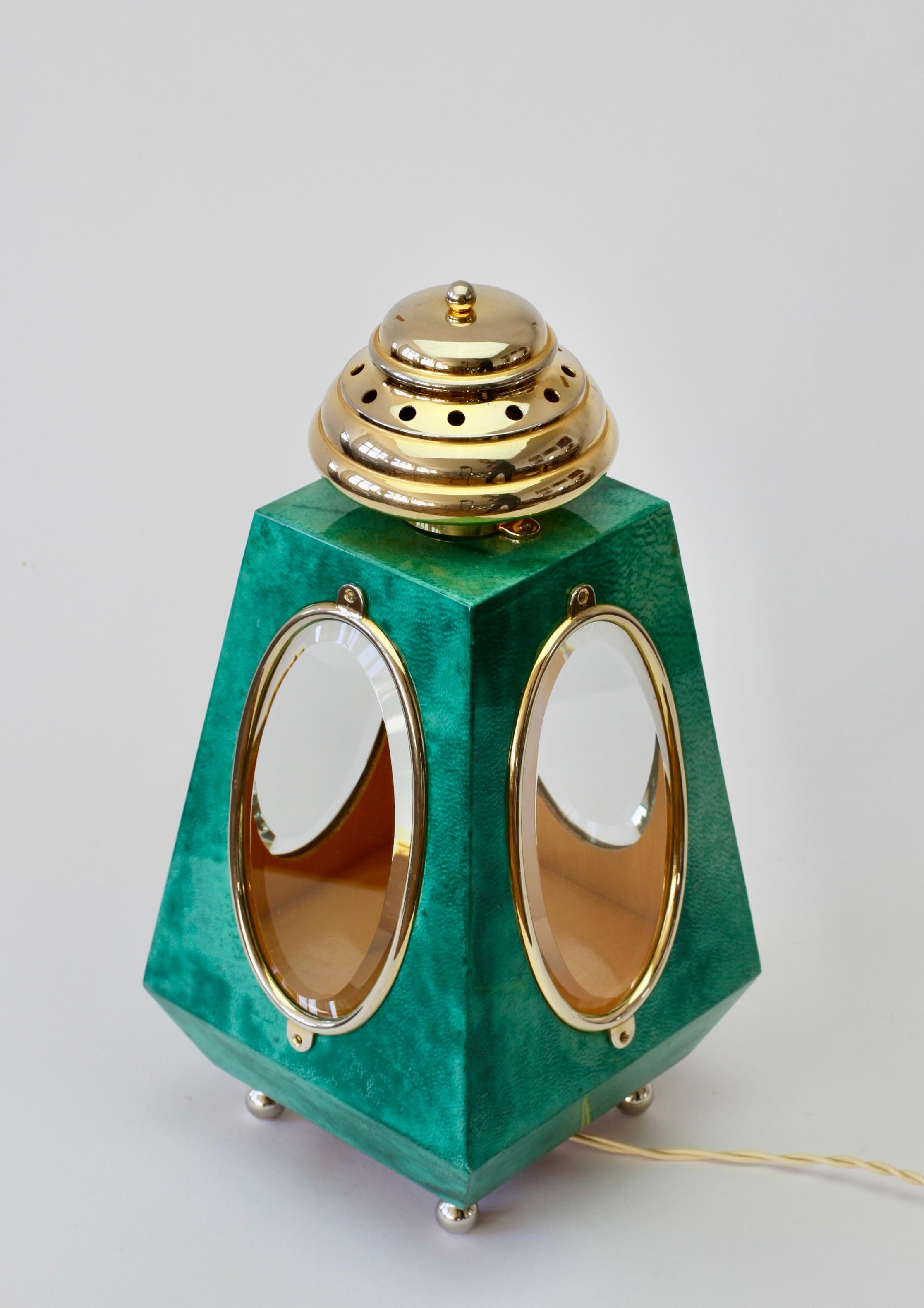 Mid-Century Modern Aldo Tura 1960s Midcentury Table Lamp / Lantern in Green Italian Goatskin