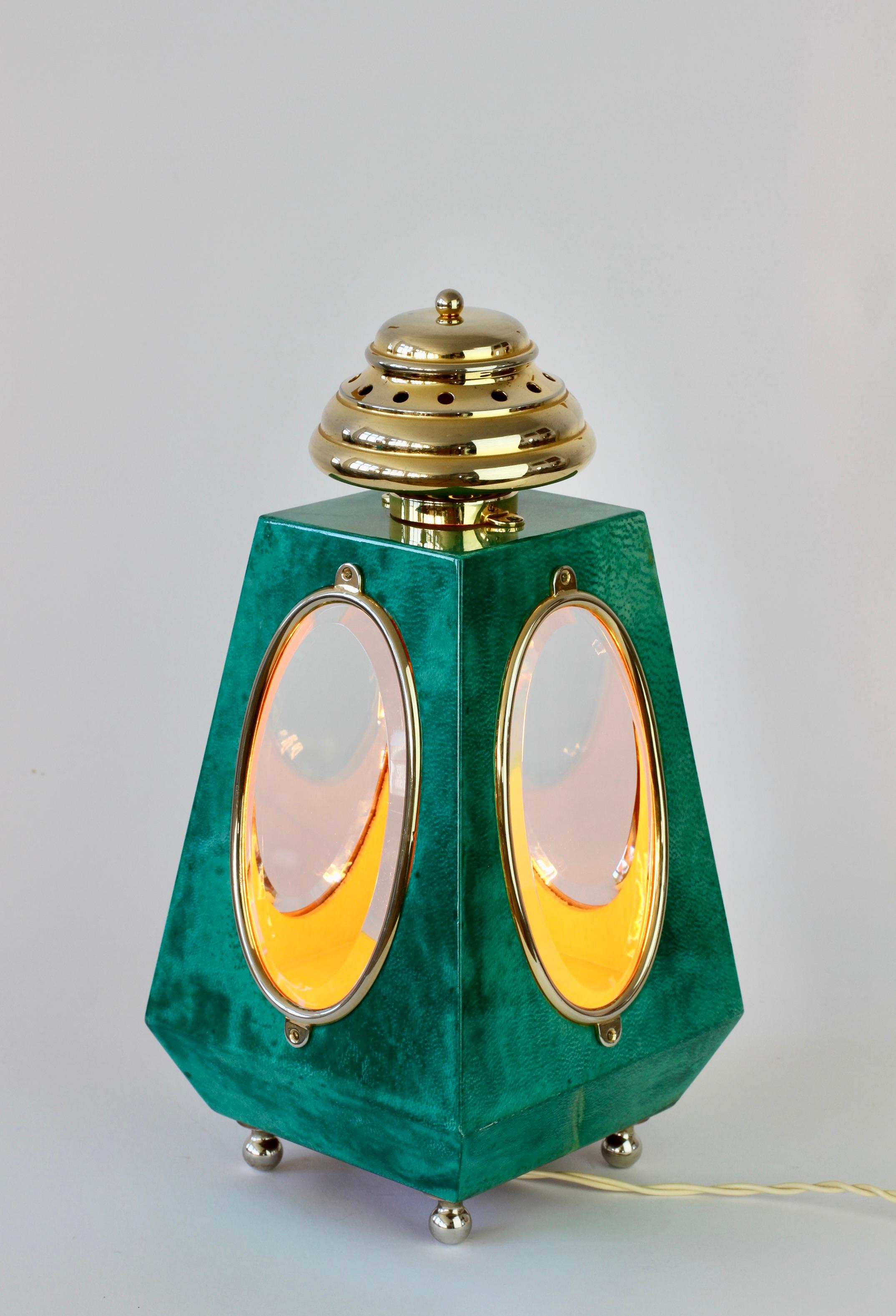 Cast Aldo Tura 1960s Midcentury Table Lamp / Lantern in Green Italian Goatskin