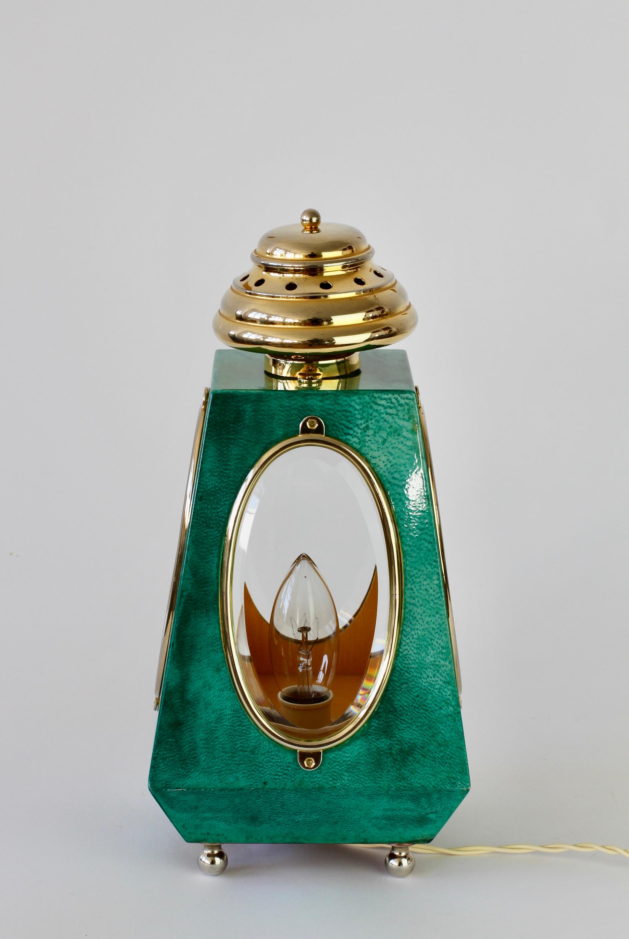 Mid-20th Century Aldo Tura 1960s Midcentury Table Lamp / Lantern in Green Italian Goatskin