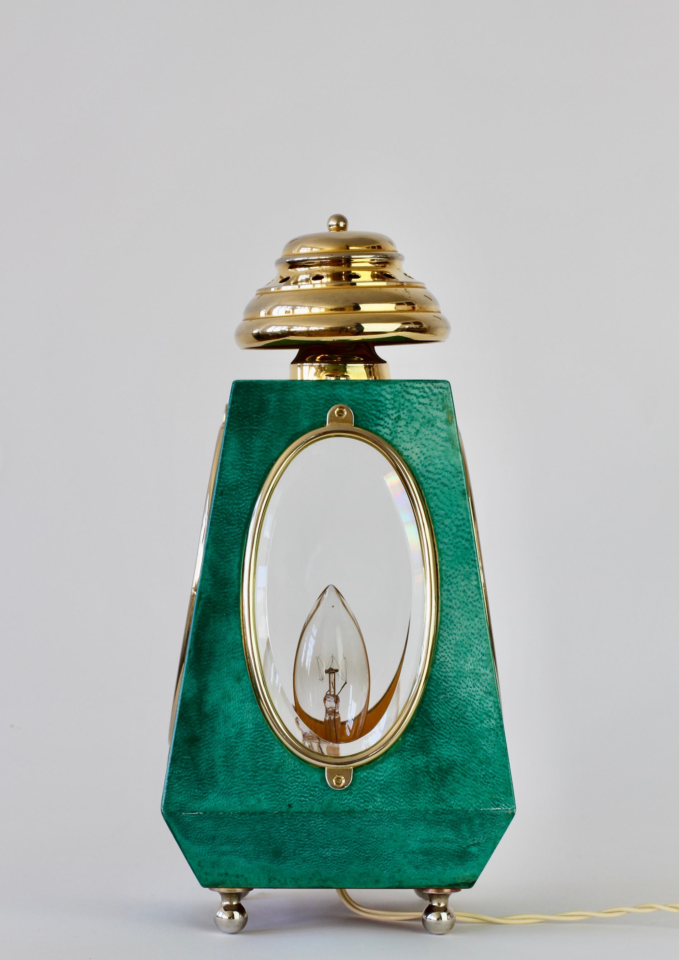Metal Aldo Tura 1960s Midcentury Table Lamp / Lantern in Green Italian Goatskin