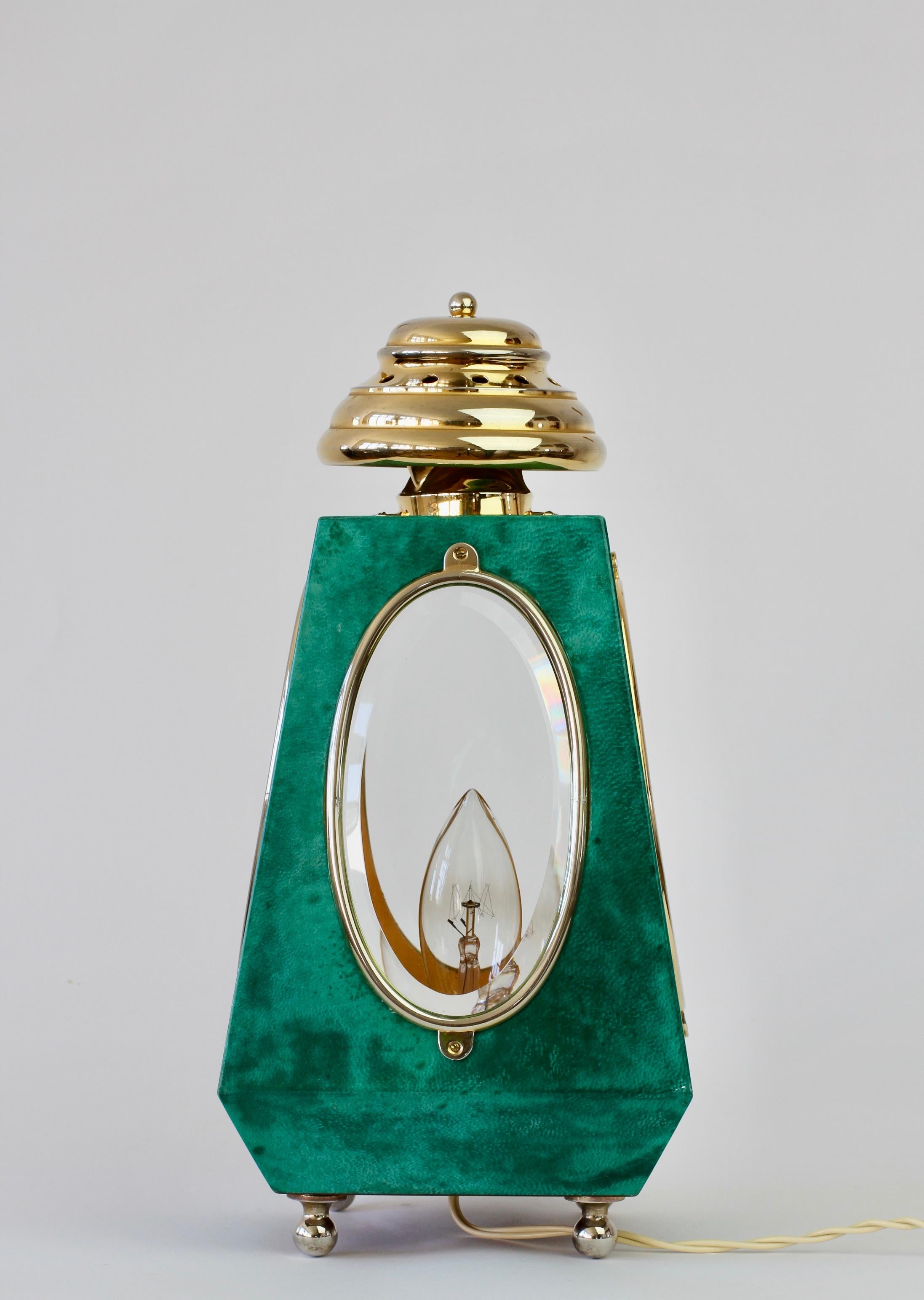 Aldo Tura 1960s Midcentury Table Lamp / Lantern in Green Italian Goatskin 1