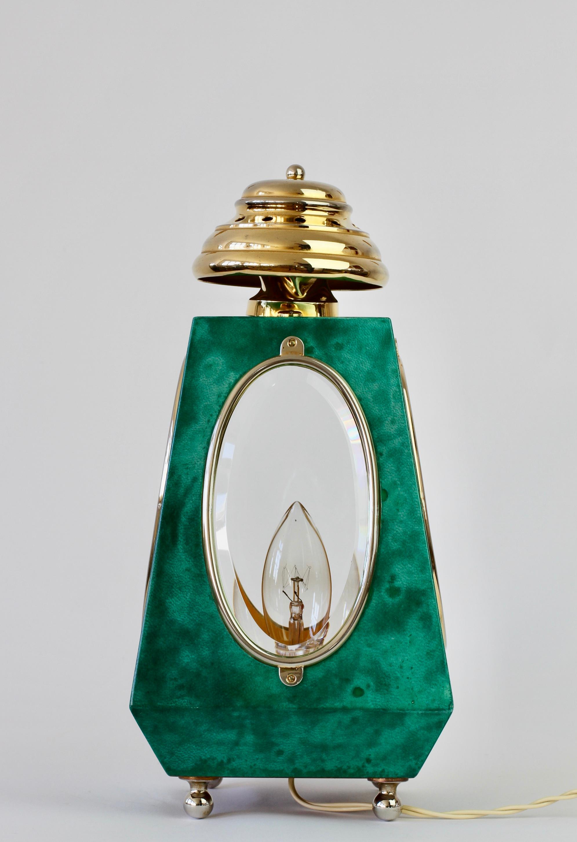 Aldo Tura 1960s Midcentury Table Lamp / Lantern in Green Italian Goatskin 2