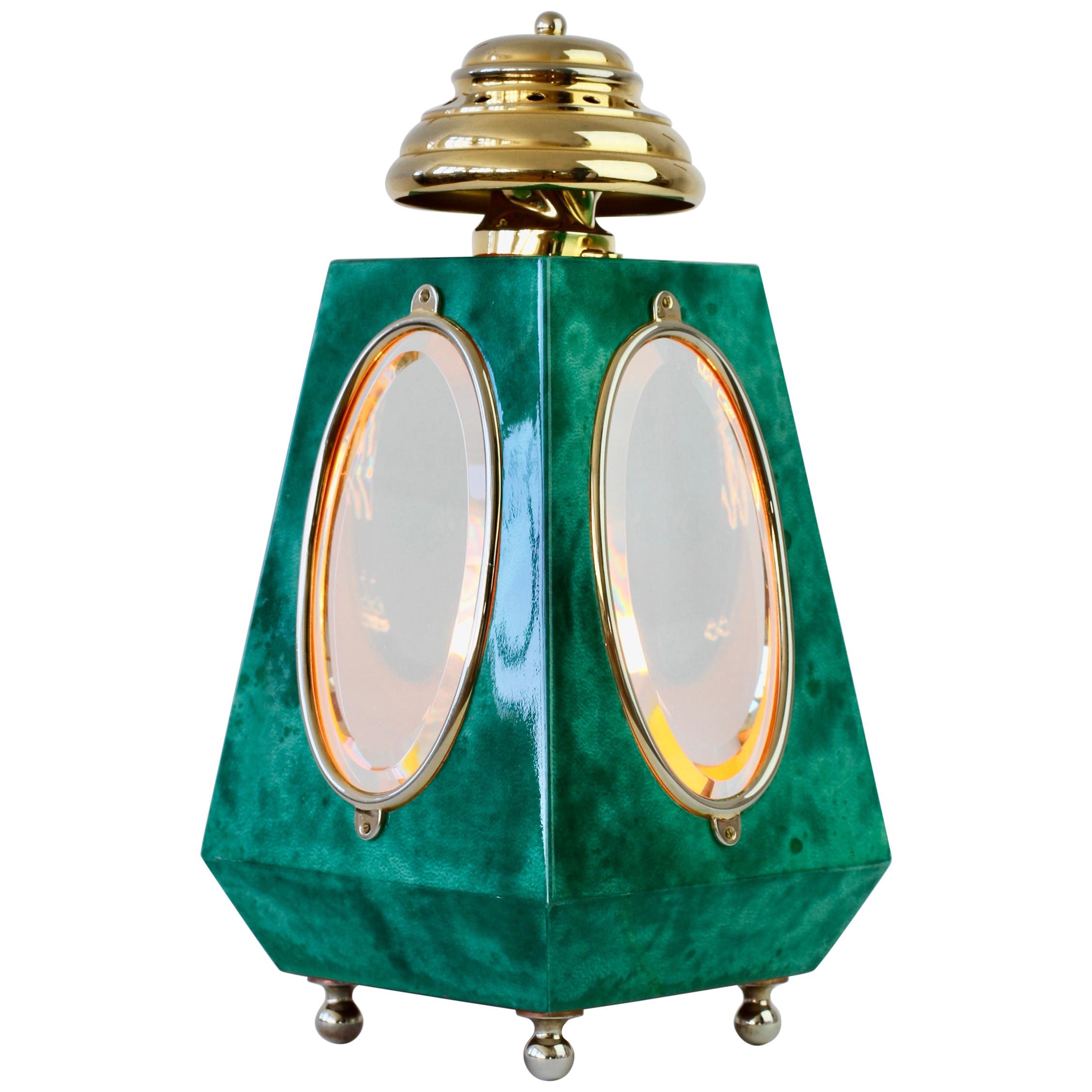 Aldo Tura 1960s Midcentury Table Lamp / Lantern in Green Italian Goatskin