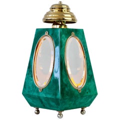 Aldo Tura 1960s Midcentury Table Lamp / Lantern in Green Italian Goatskin