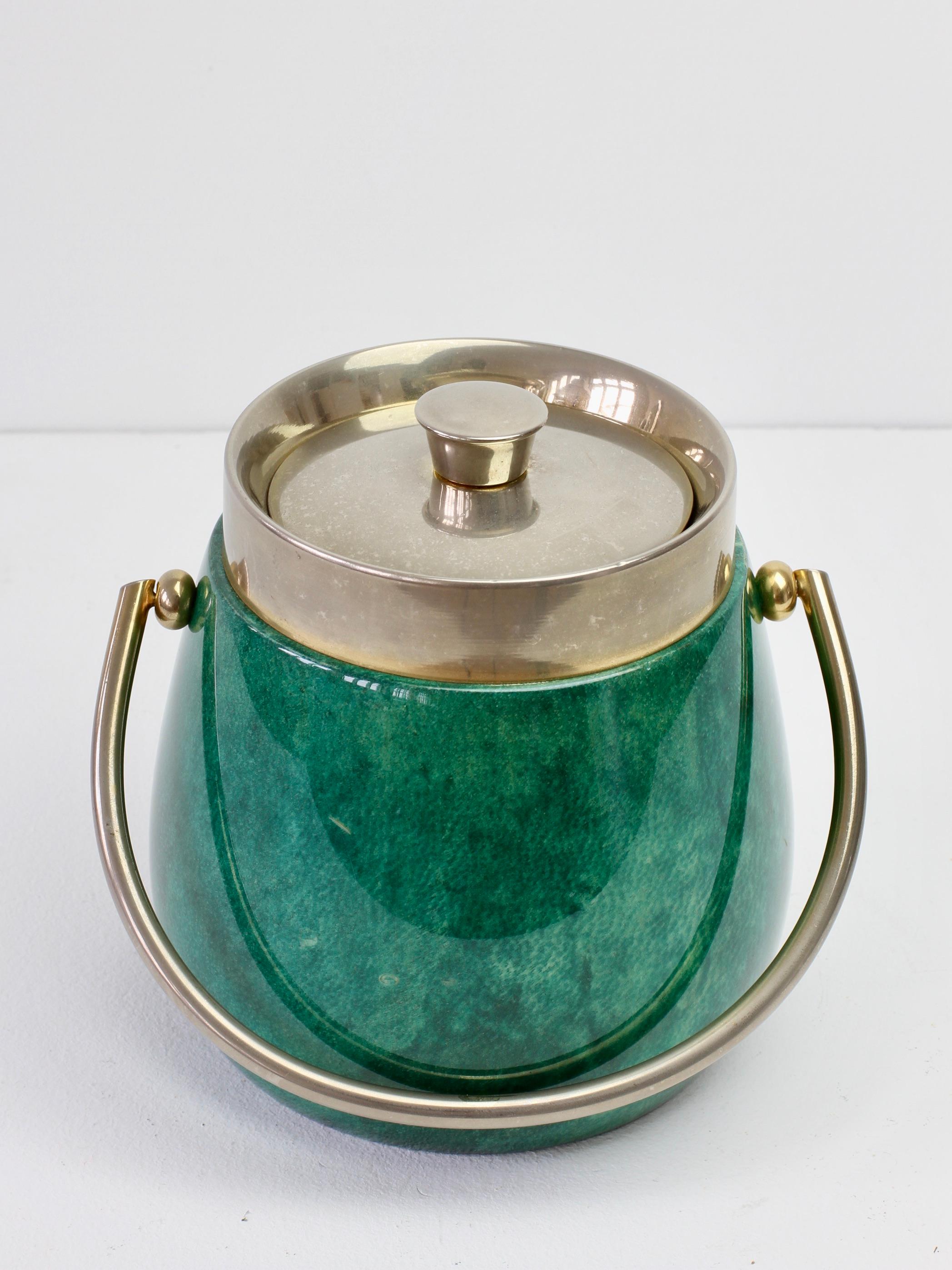 Aldo Tura 1960s Vintage Midcentury Ice Bucket in Green Italian Goatskin 2