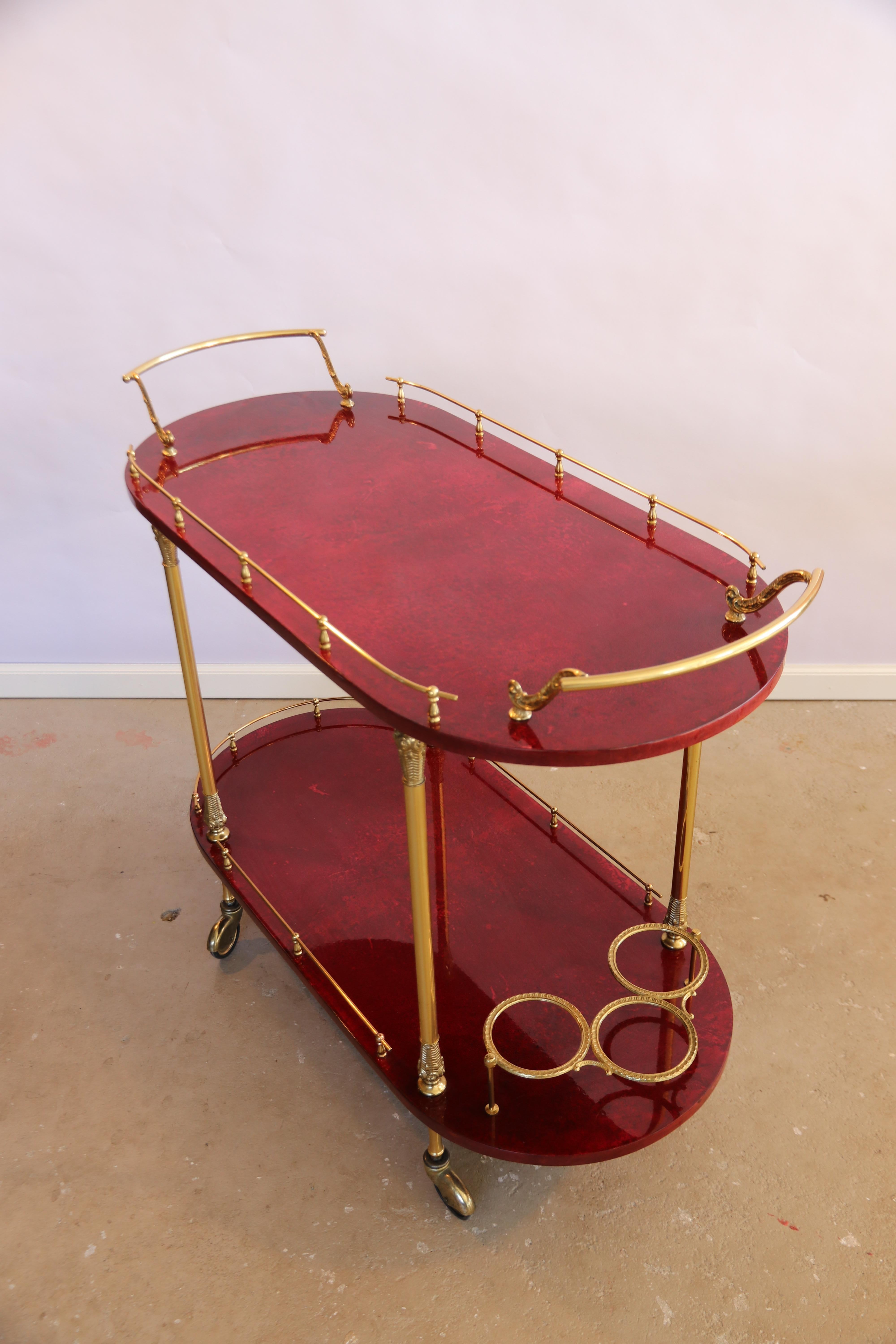 Mid-Century Modern Aldo Tura 2-Tier Red Goatskin Parchment Bar Cart Tea Trolley with Bottle Holders For Sale