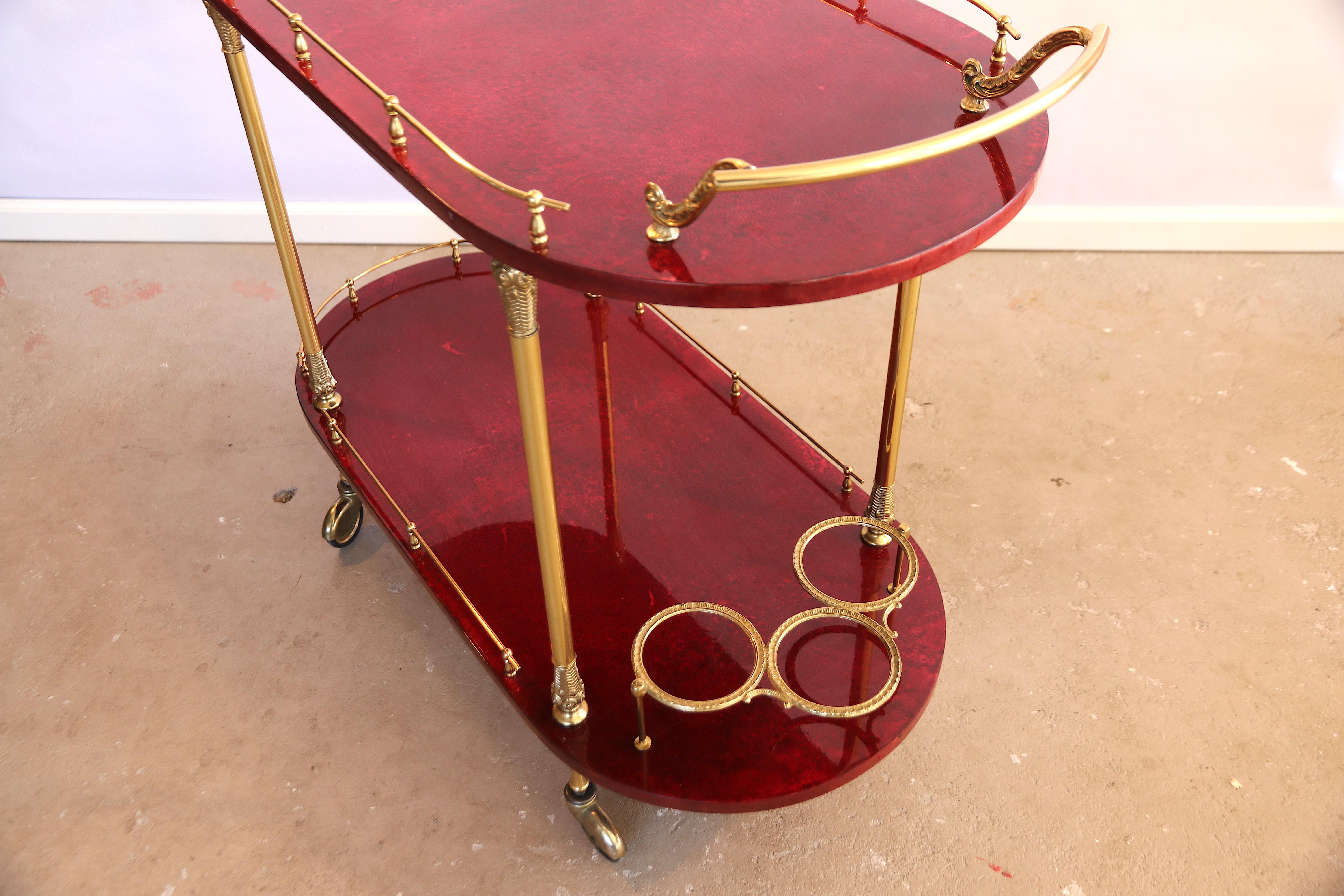 Italian Aldo Tura 2-Tier Red Goatskin Parchment Bar Cart Tea Trolley with Bottle Holders For Sale
