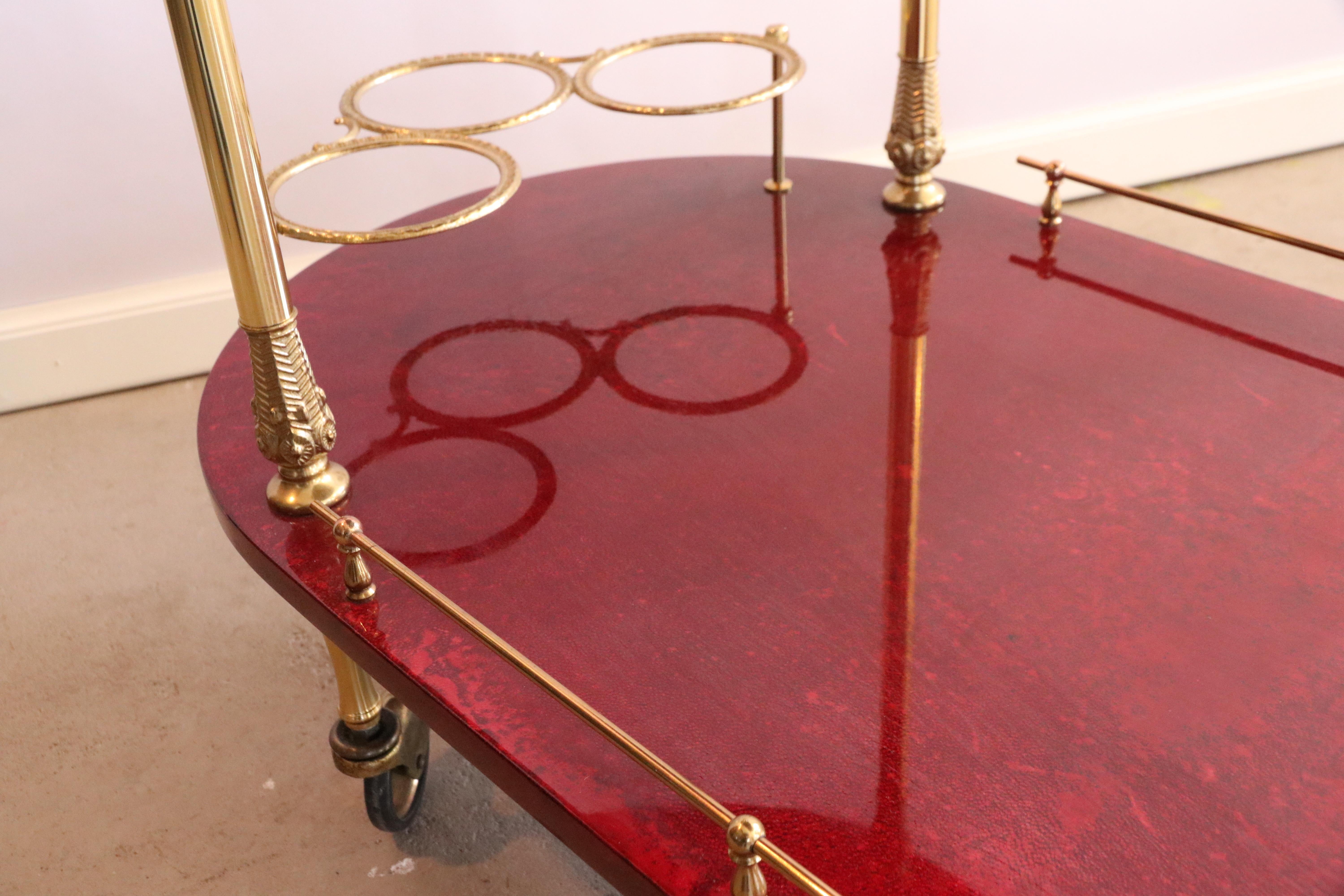 Mid-20th Century Aldo Tura 2-Tier Red Goatskin Parchment Bar Cart Tea Trolley with Bottle Holders For Sale