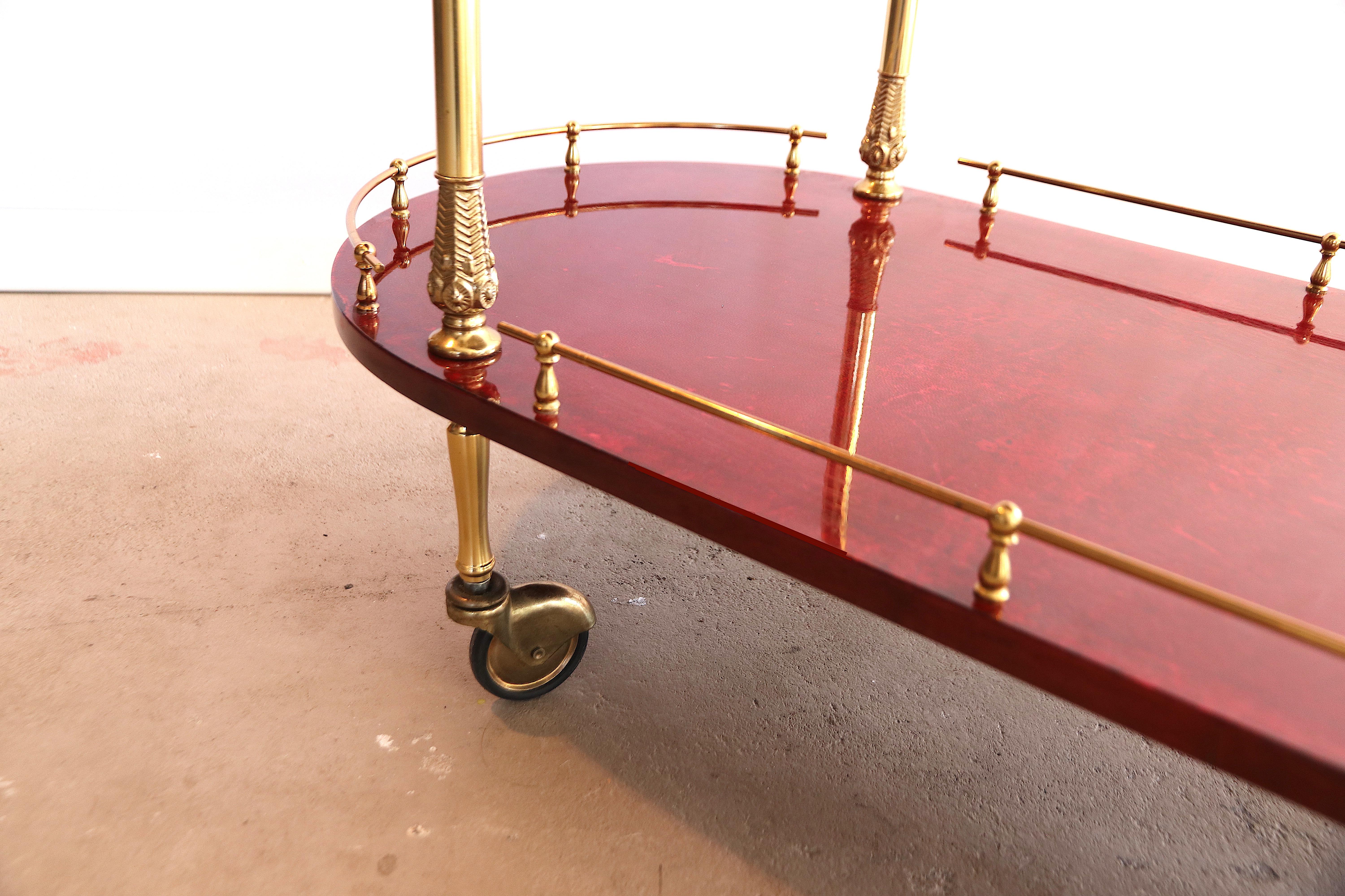 Brass Aldo Tura 2-Tier Red Goatskin Parchment Bar Cart Tea Trolley with Bottle Holders For Sale