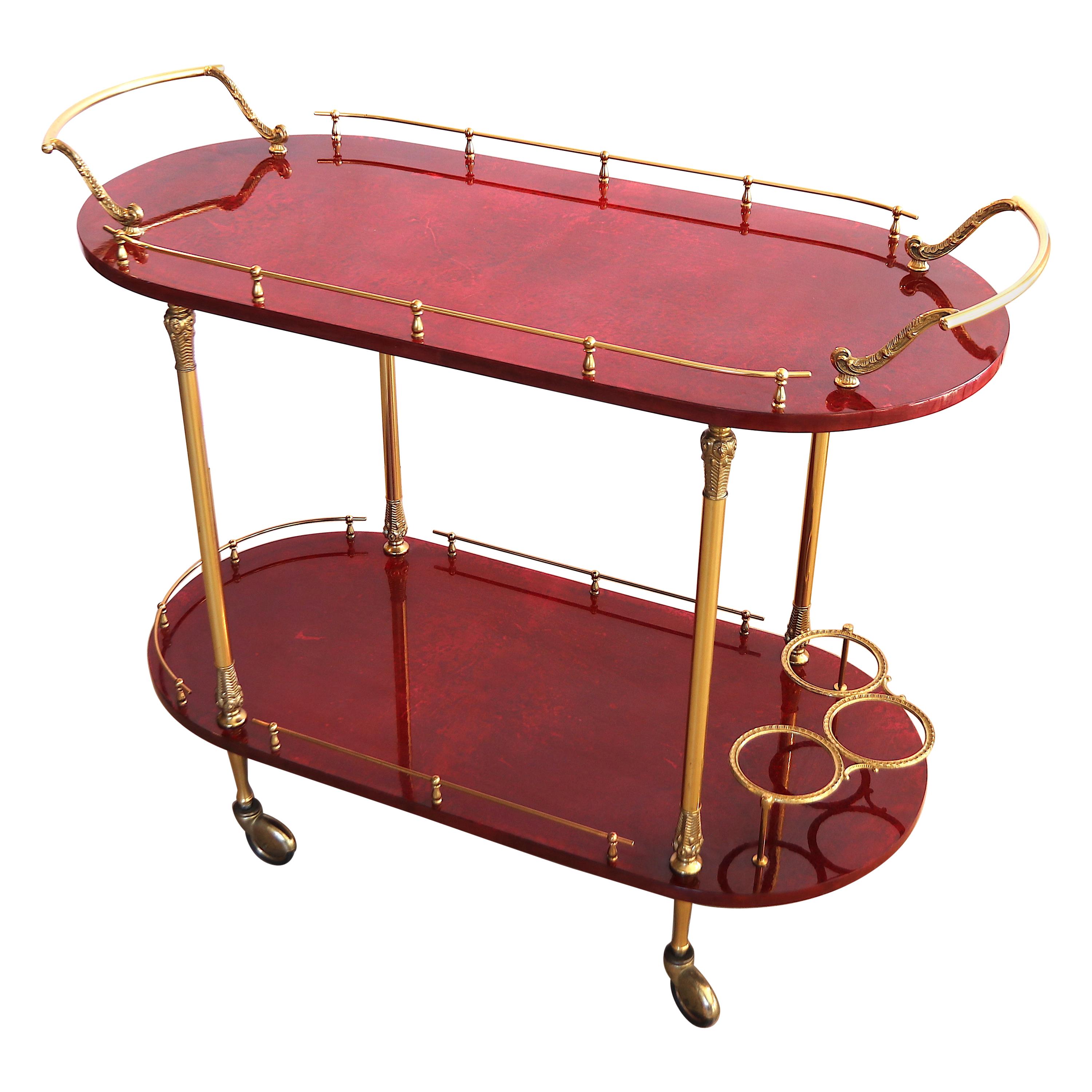 Aldo Tura 2-Tier Red Goatskin Parchment Bar Cart Tea Trolley with Bottle Holders For Sale