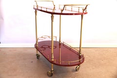 Aldo Tura 2-Tier Red Goatskin Parchment Bar Cart Tea Trolley with Bottle Holders