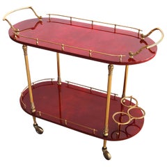 Aldo Tura 2-Tier Red Goatskin Parchment Bar Cart Tea Trolley with Bottle Holders