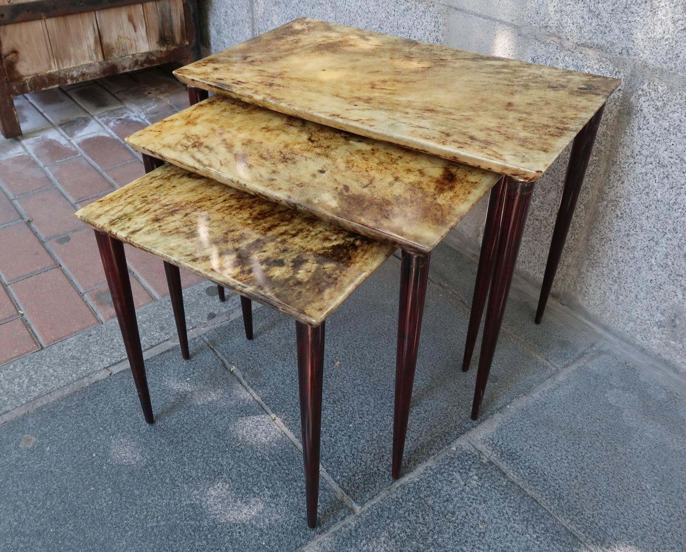 Aldo Tura 3 parchment, lacquered wood and brass midcentury occasional tables, 1950. Perfect condition.