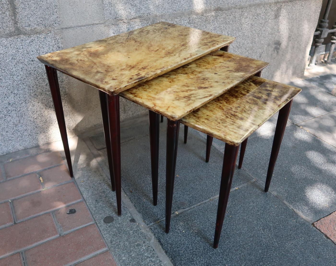 Italian Aldo Tura 3 Parchment, Lacquered Wood and Brass Midcentury Occasional Tables For Sale